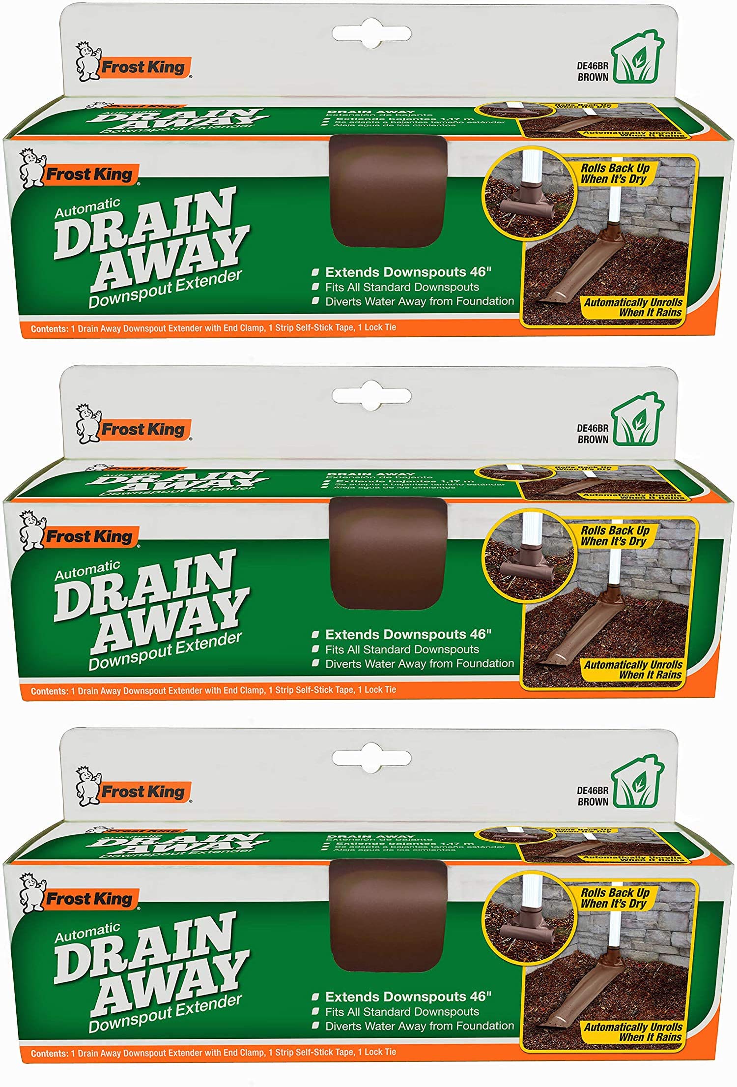 Frost King DE46BR Automatic Plastic Drain Away Downspout Extender, Extends 4-Feet, Brown 3 Pack