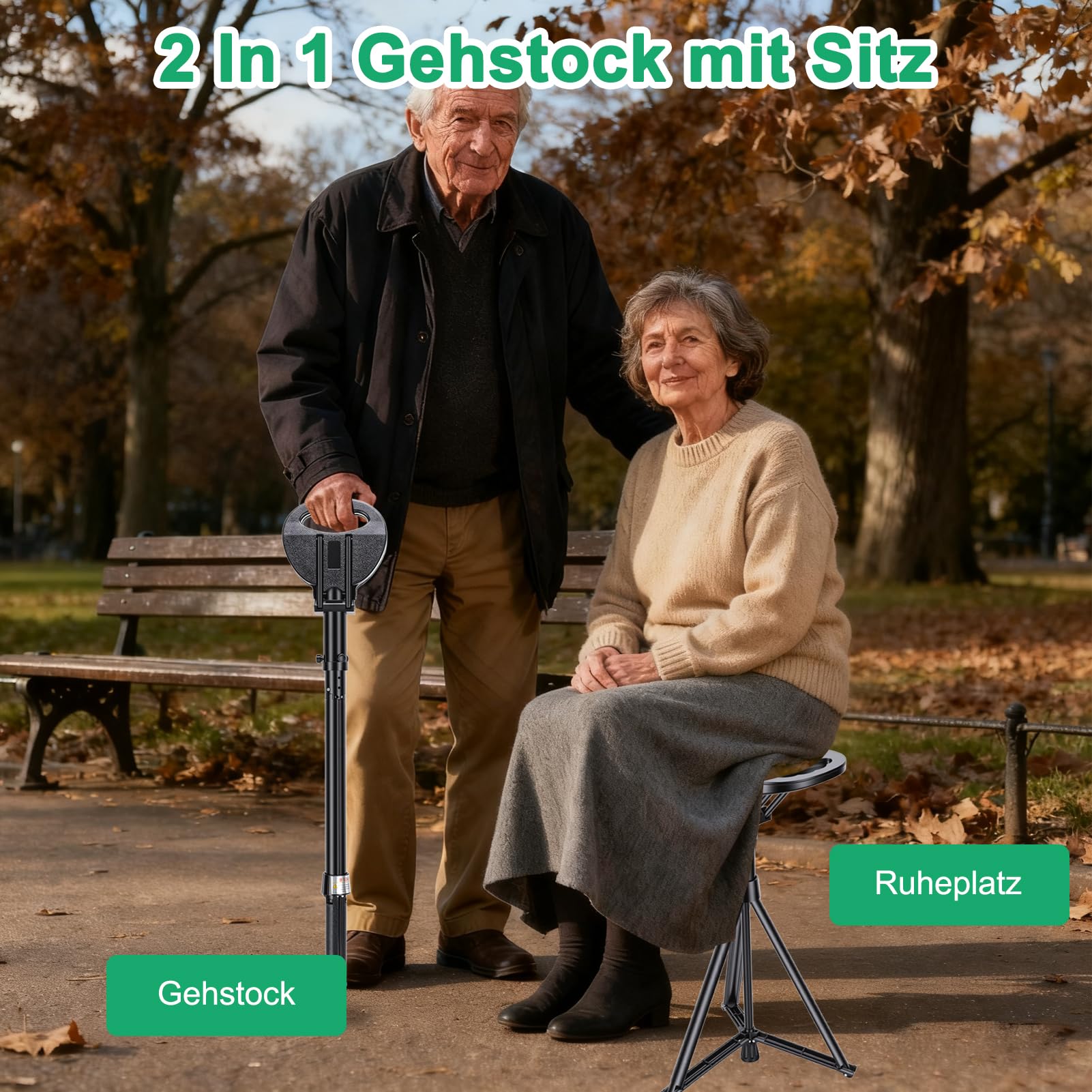 Gehstock mit Sitz, Tragbarer Klappstock mit Kissen und Tragetasche für Senioren und Erwachsene, Verstellbarer Wanderkanalstuhl mit Sitzkapazität 250kg für Outdoor Reisen, Camping, Wandern