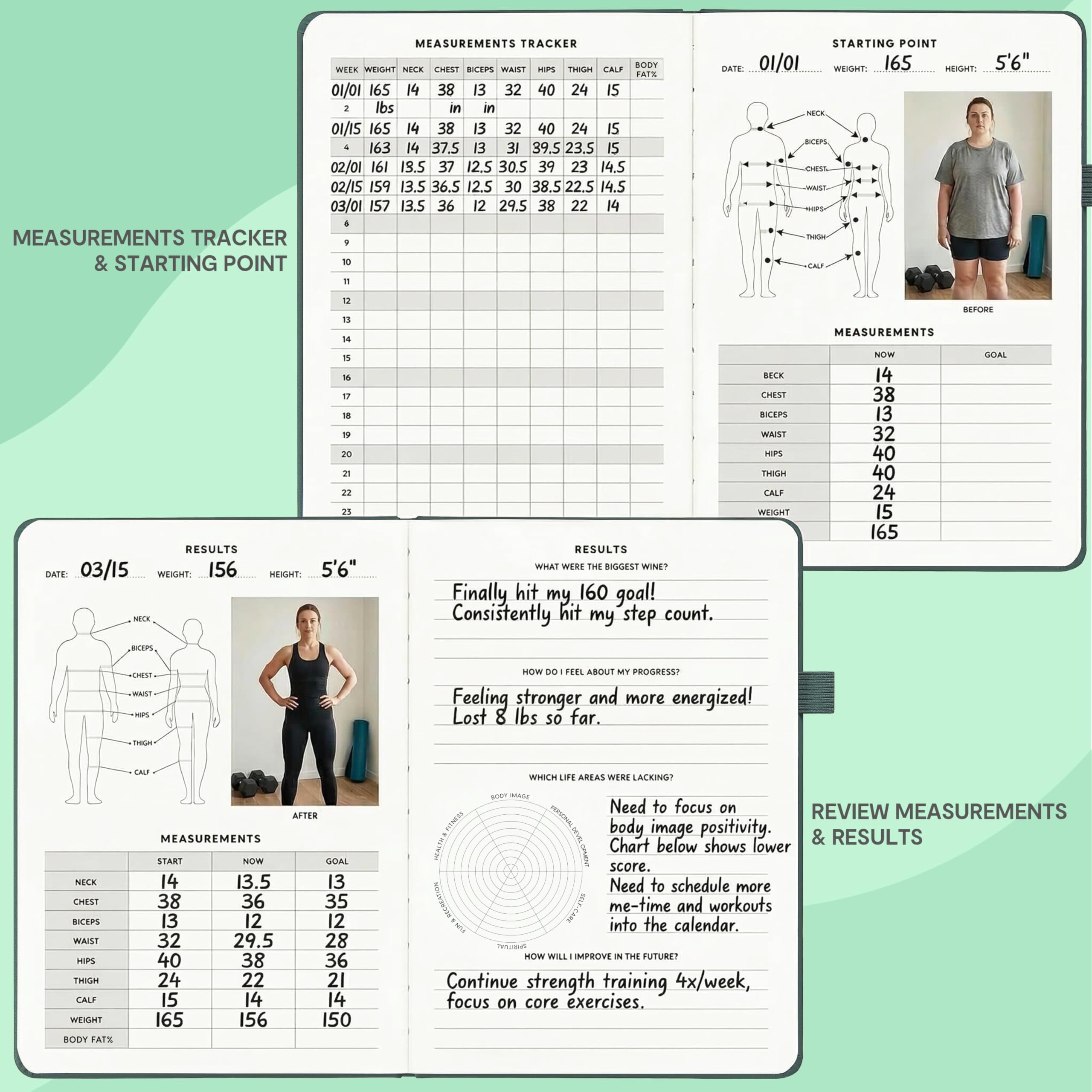 &And Per Se Dziennik fitness dla mężczyzn i kobiet, planer dziennika treningowego z codzienną dietą i ćwiczeniami na siłowni, monitor treningowy, bez daty, rozmiar A5, skórzana twarda okładka, leśna