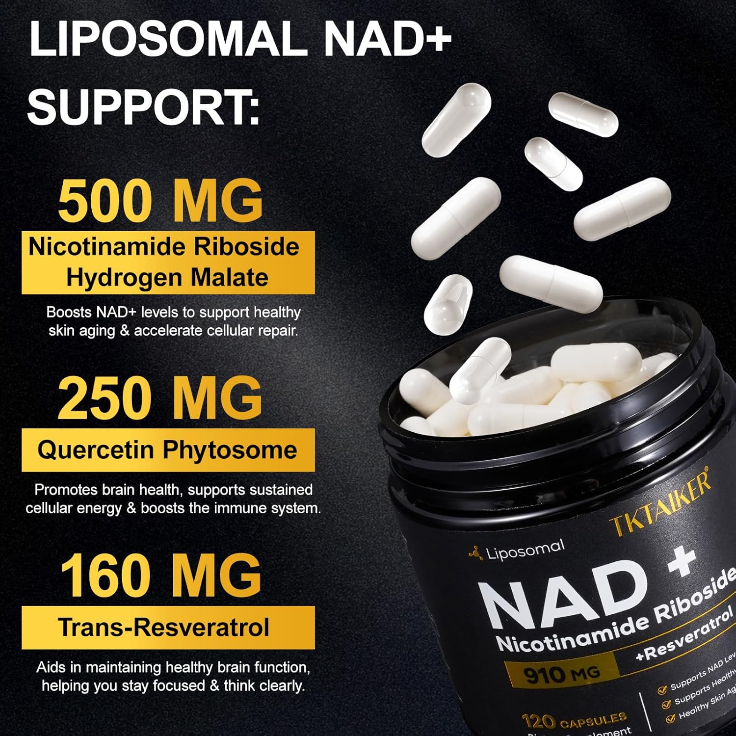 NAD Supplement, 910MG Liposomal Nicotinamide Riboside with Resveratrol & Quercetin, Anti-Aging, Cellular Energy, Mental Focus & Stamina & Healthy, Women & Men, 120 Capsules - Image 4