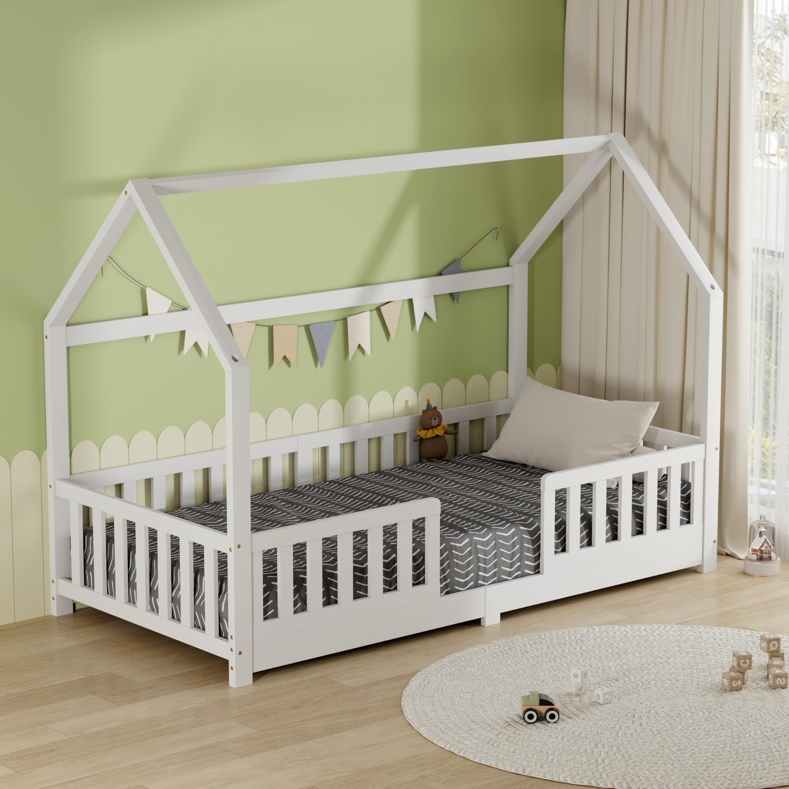 AVC Designs Junior Wooden House Bed Toddler Solid Pine Wood Modern Children Kids Junior Bed Frame White