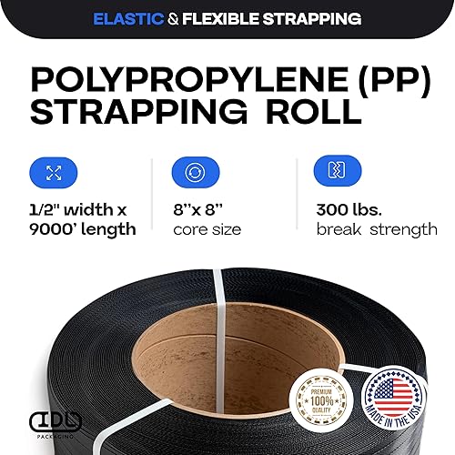 Miniatura 20 de IDL Packaging Bobina de flejado de polipropileno (PP) de 1/2" x 200' (resistencia a la rotura de 300 libras) en caja autodispensada de tablero