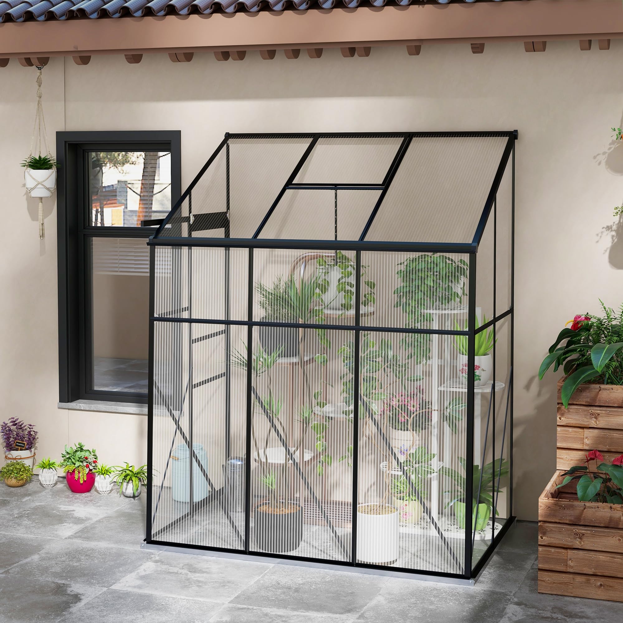 Outsunny 6 Foot x 4 Foot Lean-to Polycarbonate Greenhouse, Walk-in Hobby Green House with Sliding Door, 5-Level Roof Vent, Rain Gutter, Garden Plant Hot House with Aluminum Frame and Foundation, Black (Box 2 of 2)
