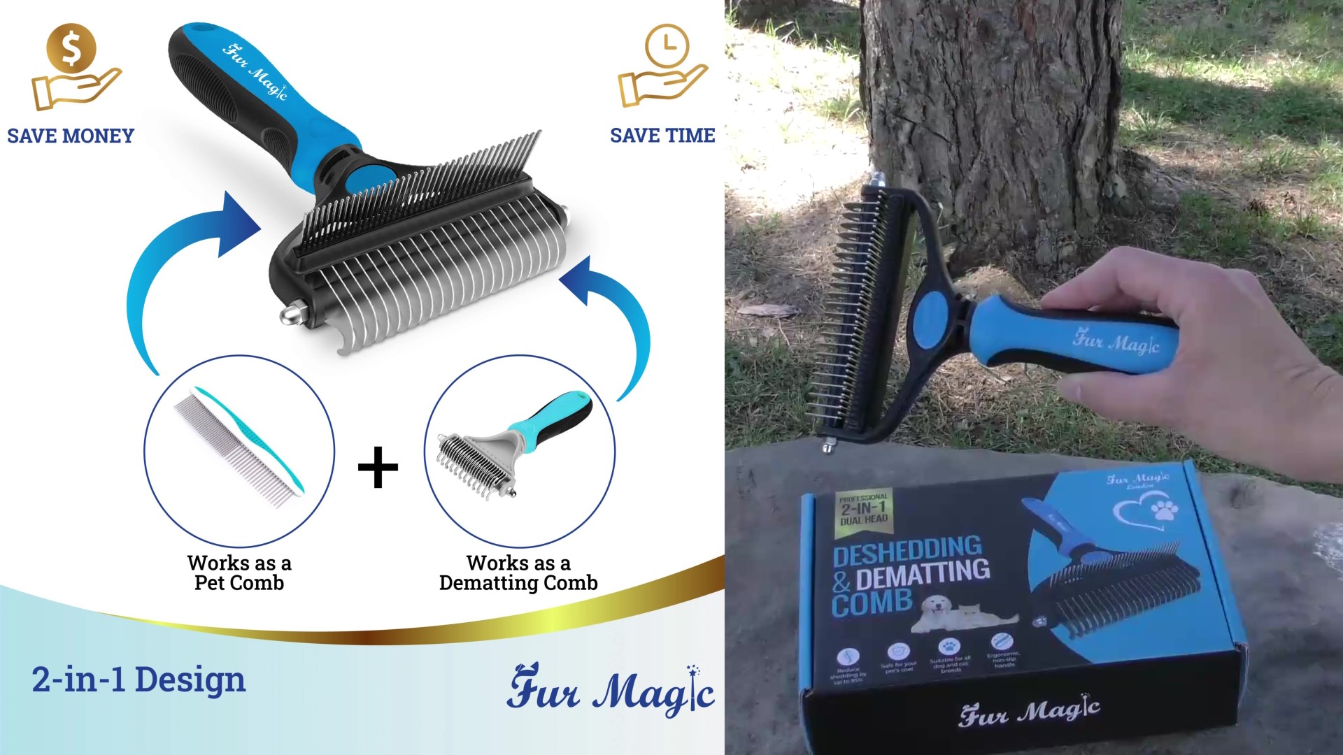 Fur Magic Deshedding And Dematting Comb Double Sided Undercoat Rake Pet Grooming Brush Removing Mats, Knots & Tangles For Dogs And Cats With Long And Medium Hair, Blue