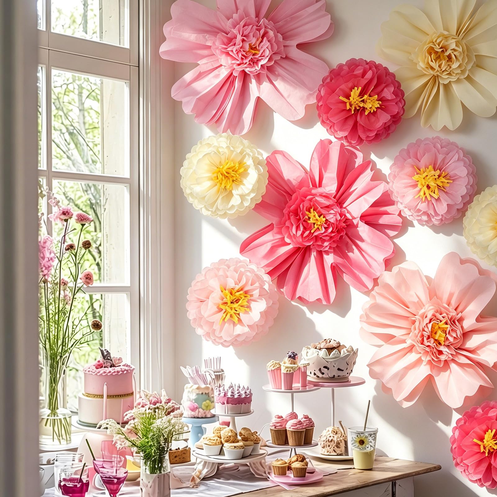 Crowye 12 Pcs Large Tissue Paper Flower Decor,10'' 20'',Pink Color