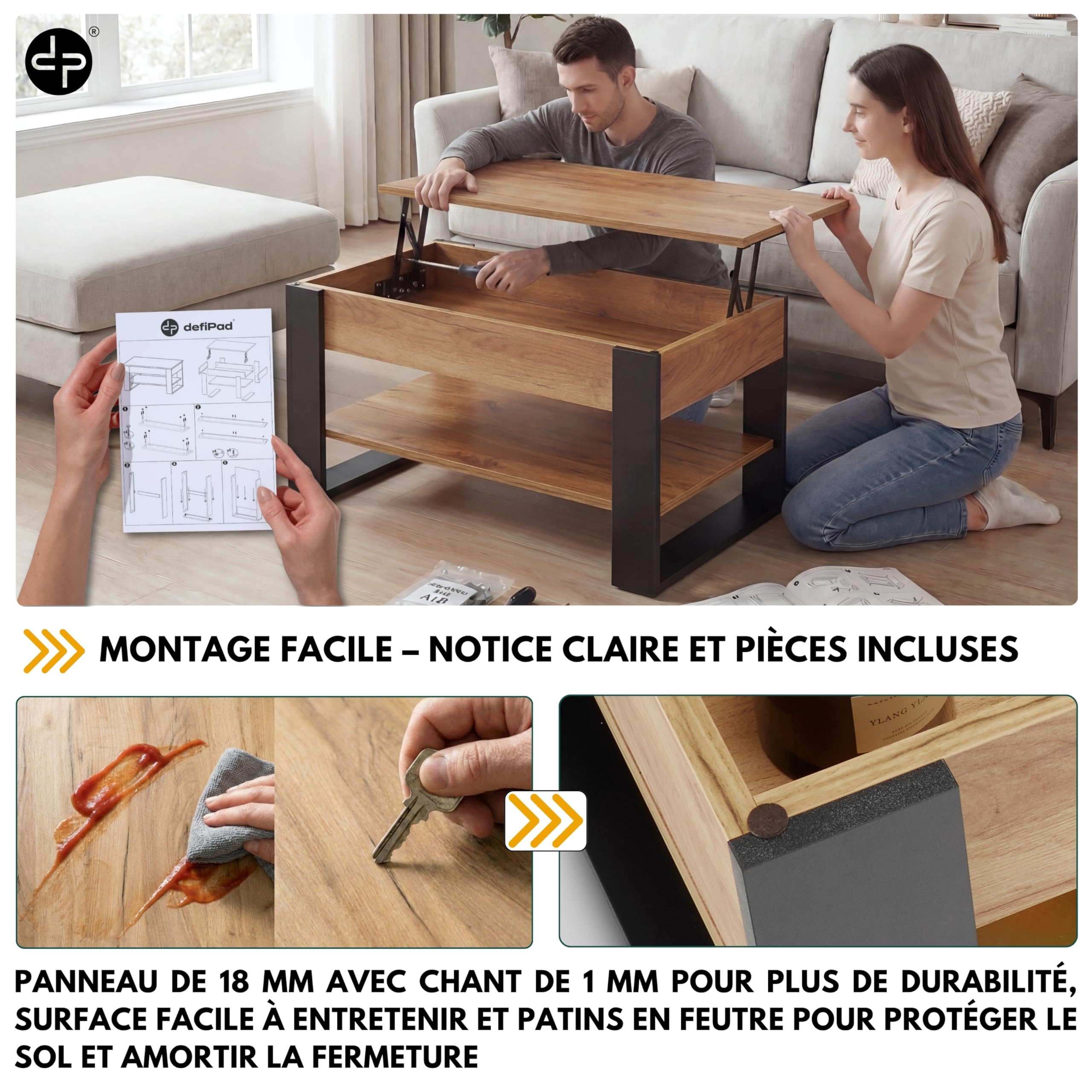 defiPad Table Basse Relevable avec Rangement – Table de Salon Moderne Industriel – Coffee Table avec Étagère et Compartiment Caché – Fabriquée en Europe – Plateau Réglable 45-61 cm (Noir + Chêne)