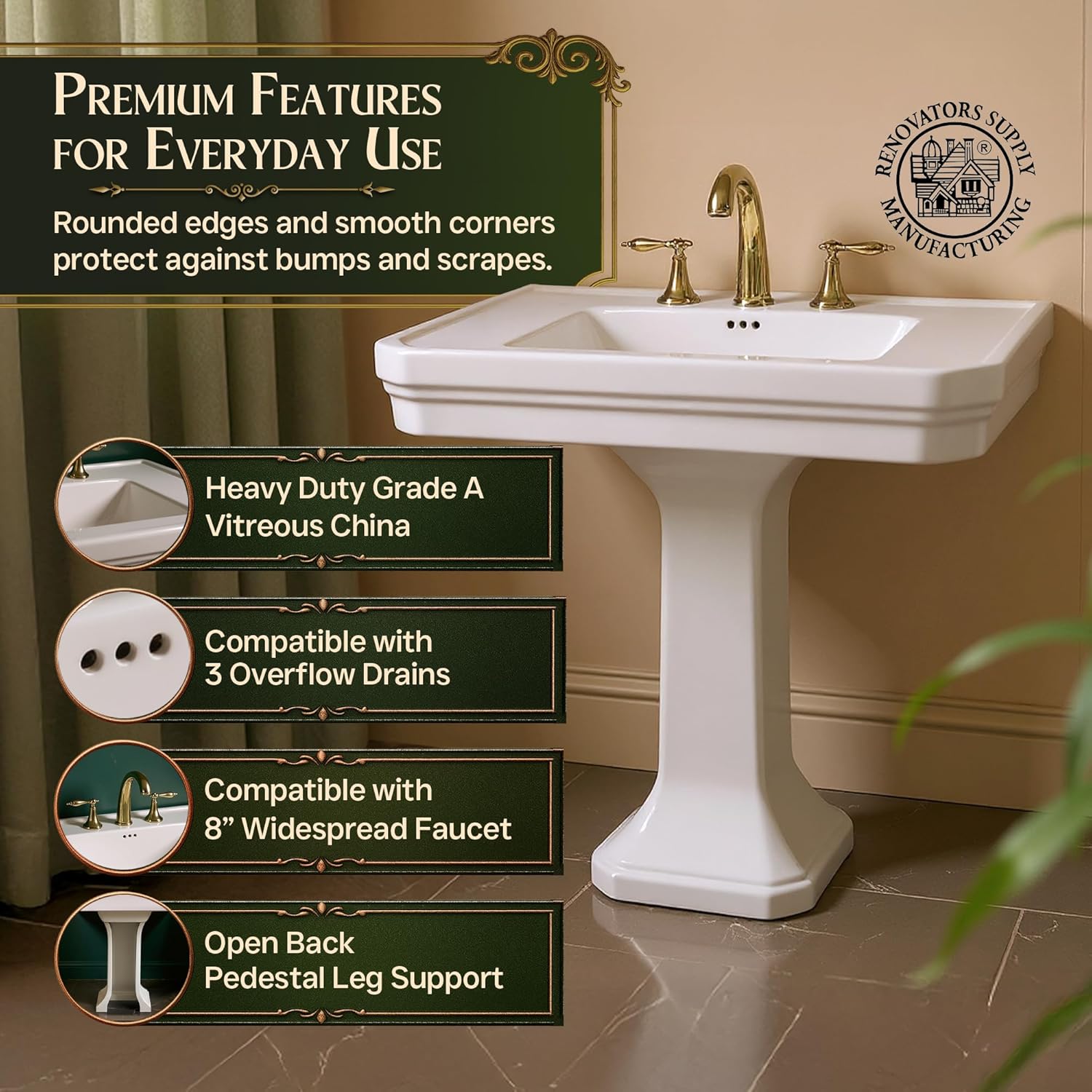 RENOVATORS Supply Manufacturing Victorian Large Bathroom Pedestal Sink in White (Set of 2) 37817