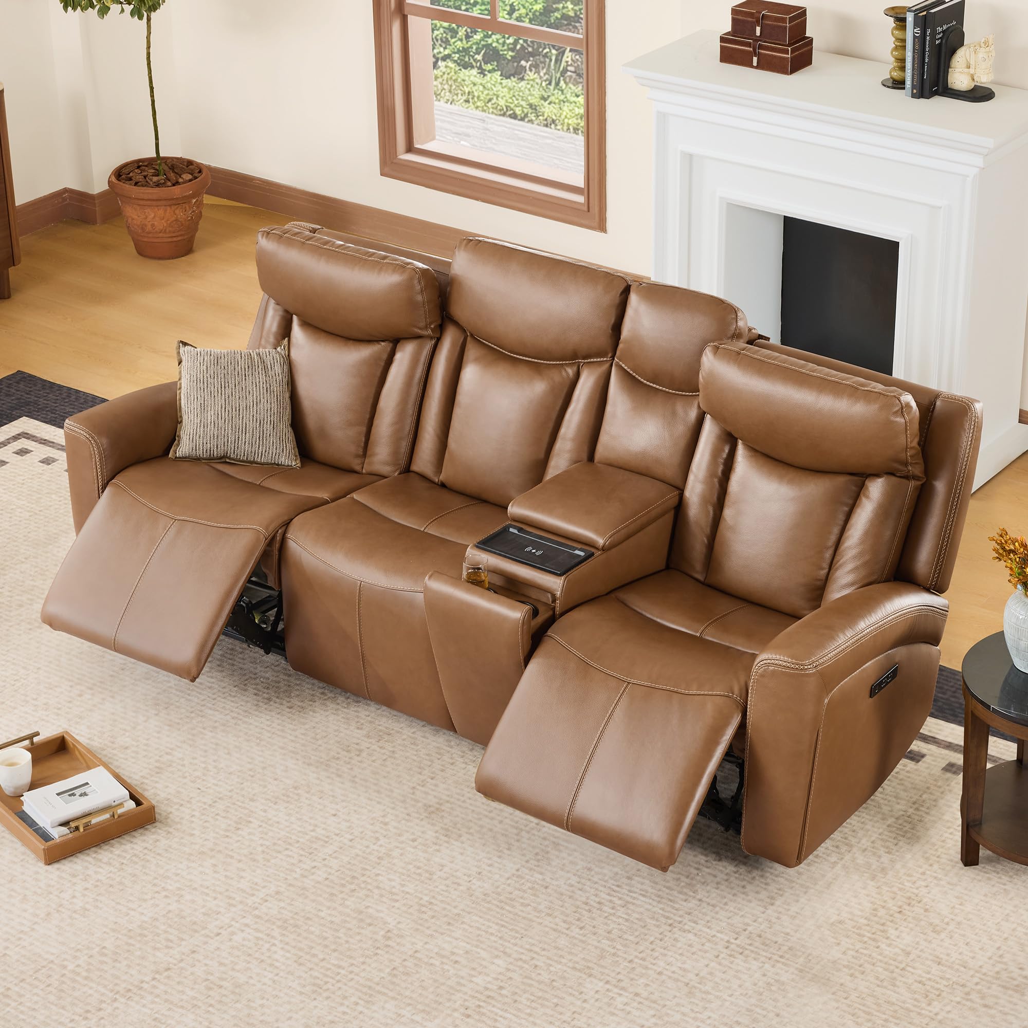 CHITA Zero Gravity Leather Reclining Sofa, 3-Seat with Console, Saddle