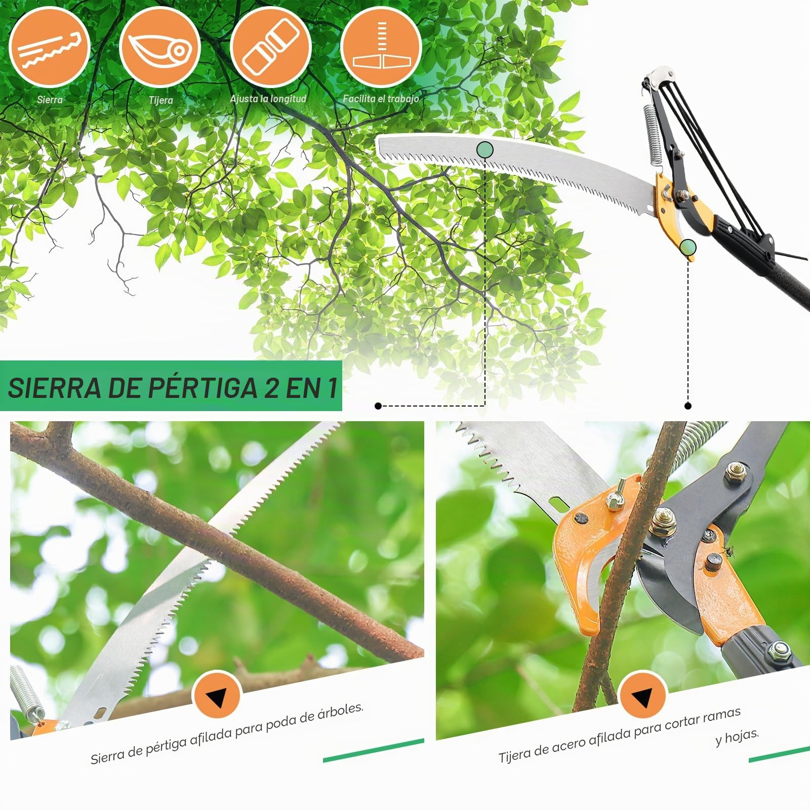 Sierras de poste para podar árboles, podadora manual de 13.7 pies, podadora de mango largo extensible, hoja de acero afilada y tijeras para ramas altas