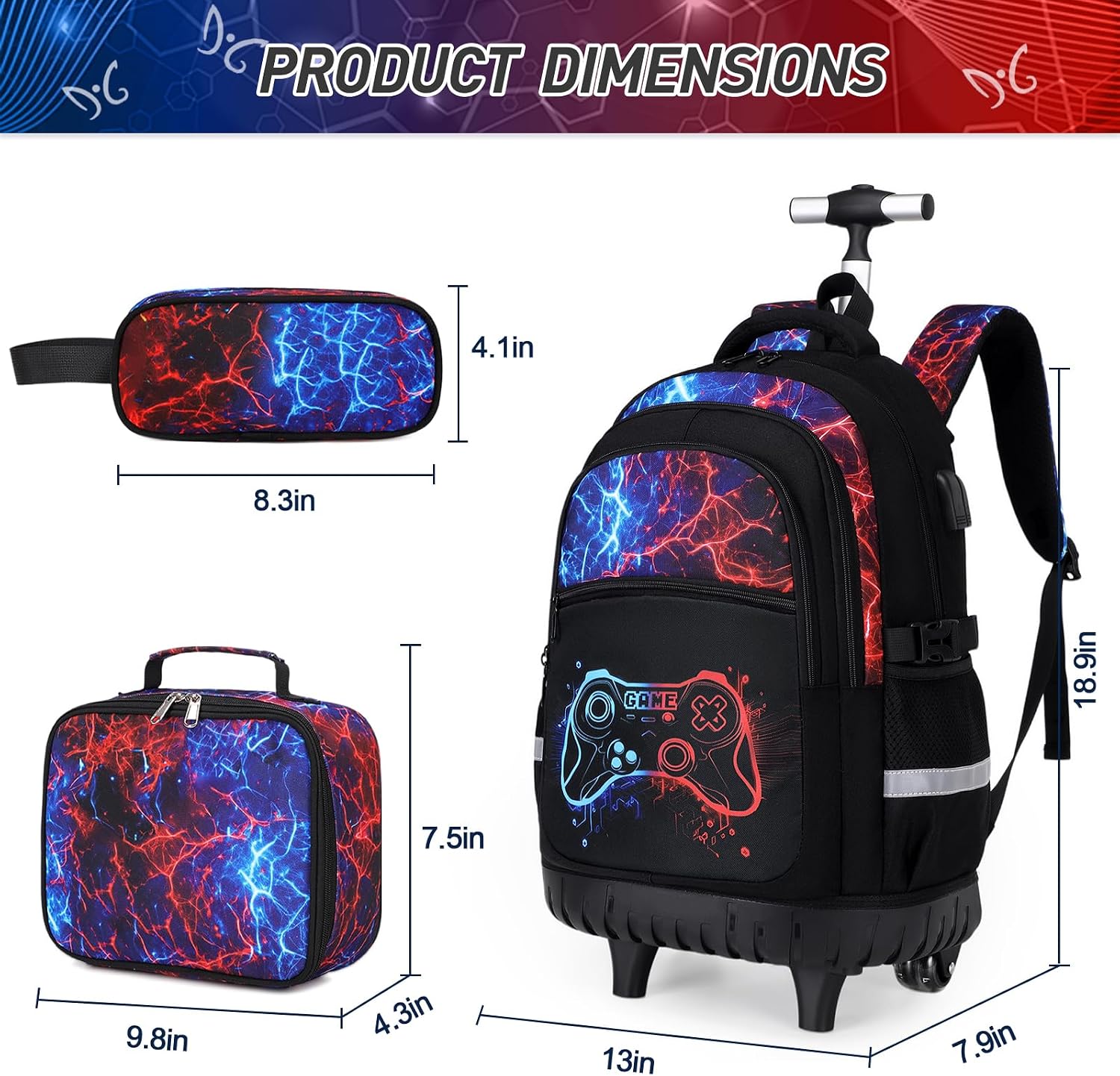 DIGOBAY Rolling Backpack for Boys, 3PCS Luminous Gamer Roller Backpack Set