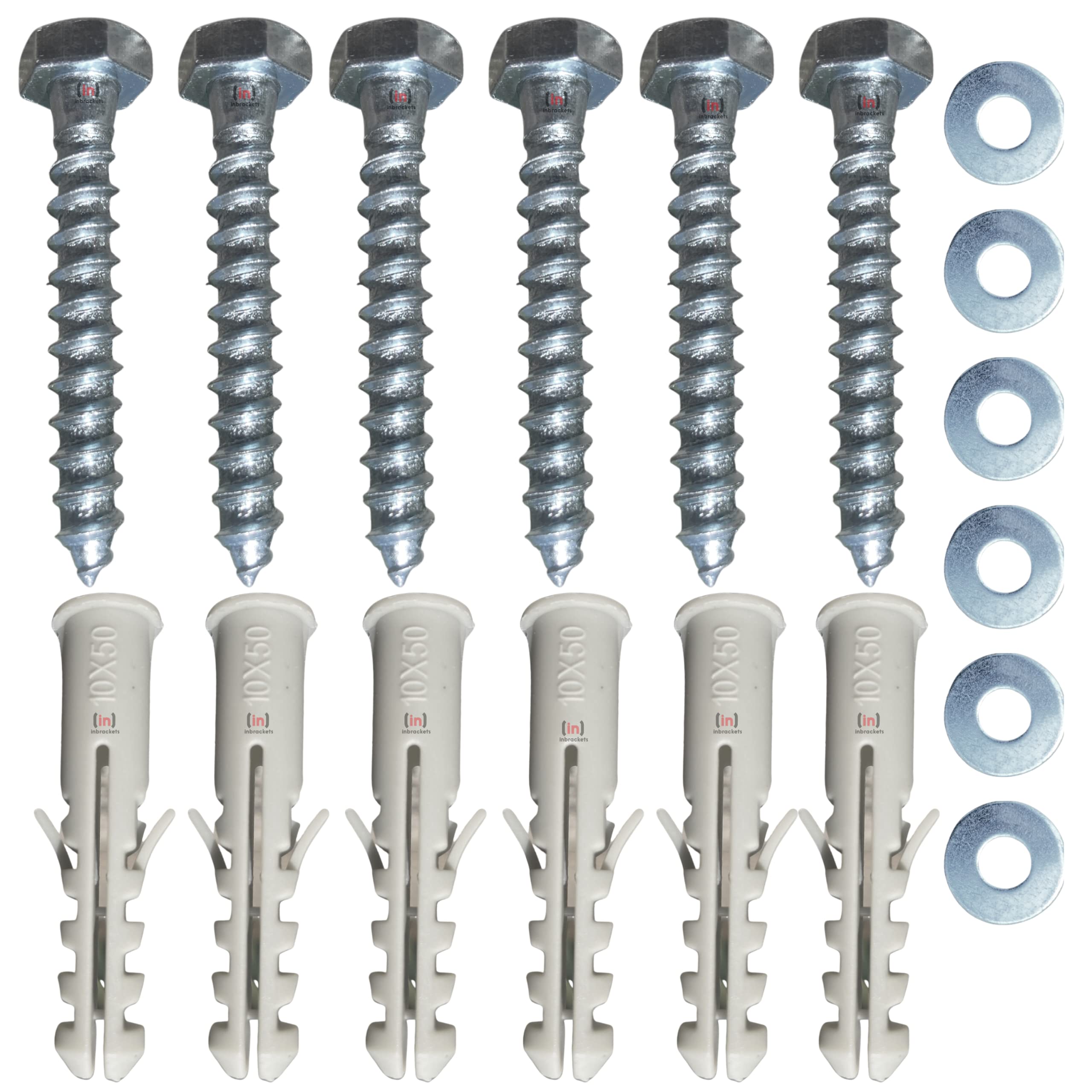 Inbrackets Value M8 x 50mm Masonry Brick Wall Fixing Screw Bolts with Plugs & Washers for Aerial Satellite Sky Dish Tv Bracket Fence Shelves Mounting (Pack of 6)