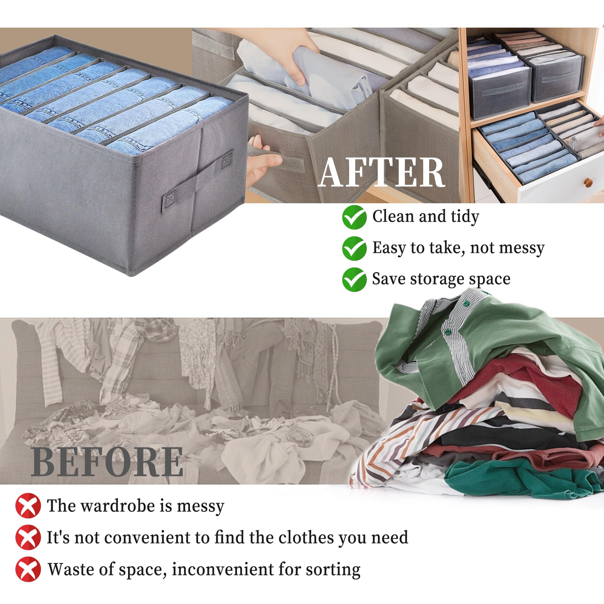 ROLLWAY 6 Pezzi Organizer Armadio Salvaspazio, Organizer Armadio Pieghevole Organizzatore Armadio Robusto Contenitori per armadio per Jeans, Pantaloni, Maglione -35x25x17cm (6 medie)