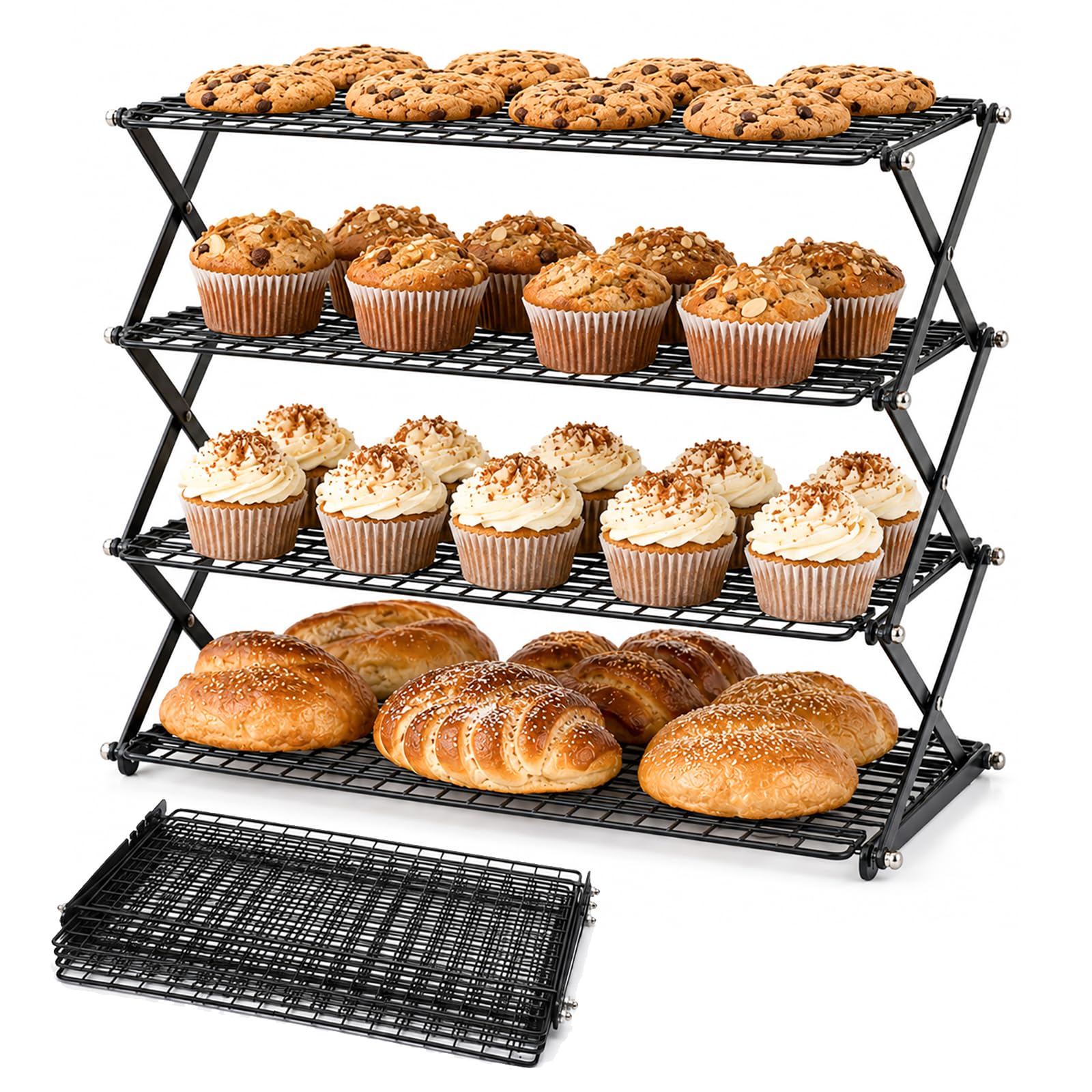 Grille de refroidissement pliable à 4 niveaux – 40,6 x 25,4 cm, réglable, empilable, antiadhésif, pour la cuisson, le rôti, les cookies, les gâteaux, le séchage, le pique-nique et le barbecue, chaque