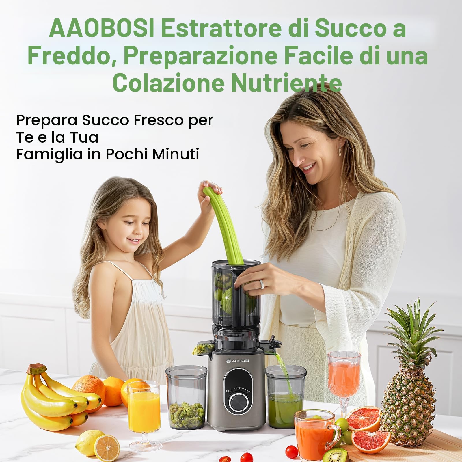 AAOBOSI Juicer Slow Estrattore Frutta e Verdura, 110mm Estrattore Di Succo, Elevata Resa di Succo, con Funzione di Inversione, Facile da Pulire, Senza BPA, Adatto per Frutta e Verdura