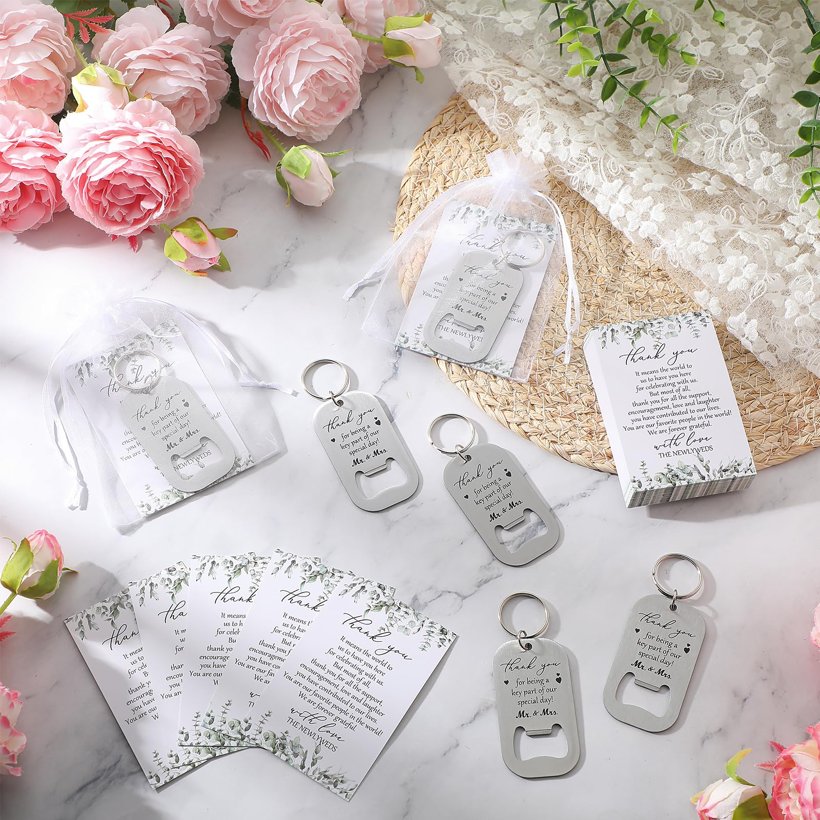 FoldTier 50 Sets Hochzeitsgeschenke für Gäste, inklusive Schlüssel-Flaschenöffner, Bierflaschenöffner, Schlüsselanhänger, Dankeskarten und Organza-Beutel, Brautparty, Hochzeit, Party