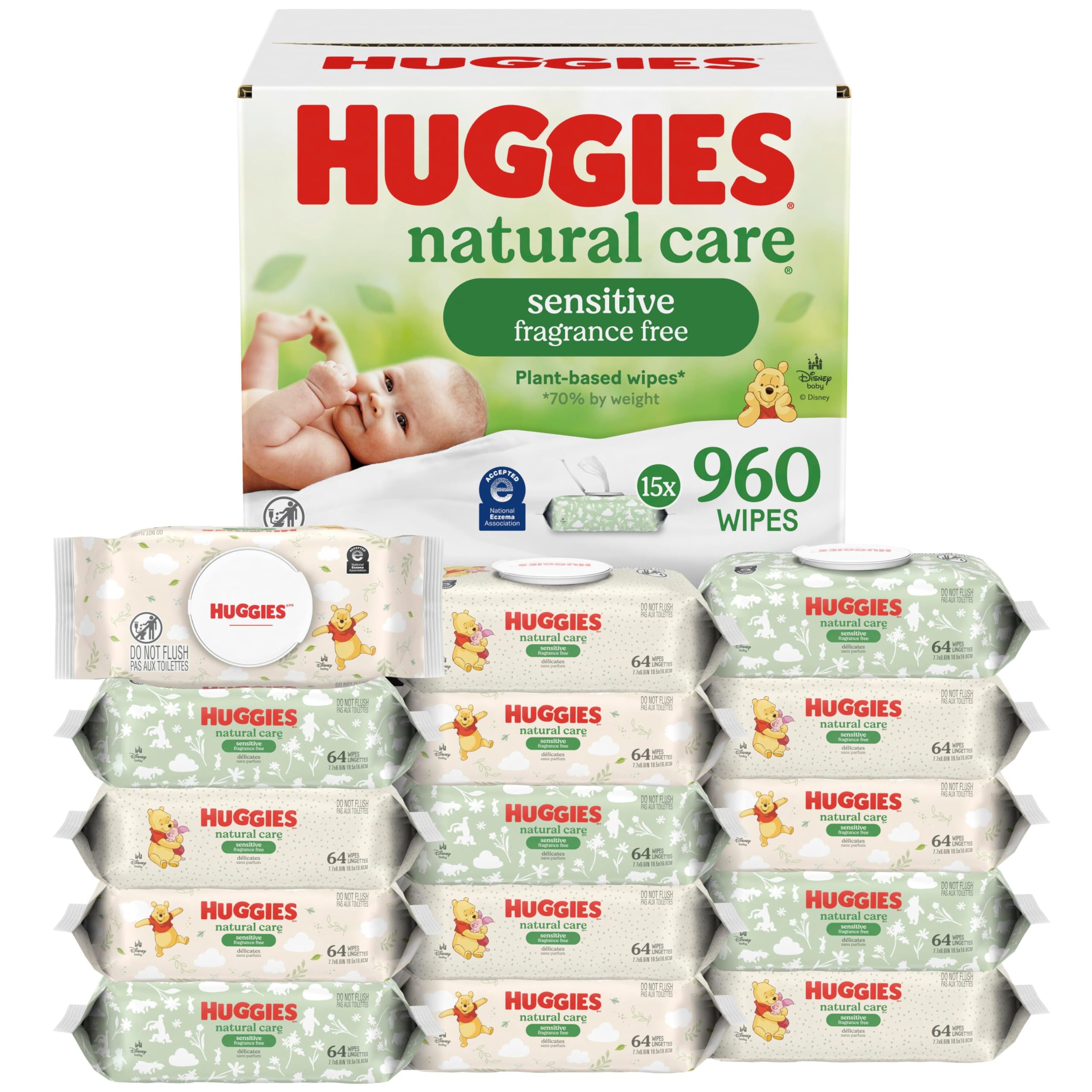 Huggies Sensitive Baby Wipes, Natural Care Baby Diaper Wipes, Unscented, Hypoallergenic, 99% Purified Water, 15 Flip-Top Packs (960 Wipes Total)