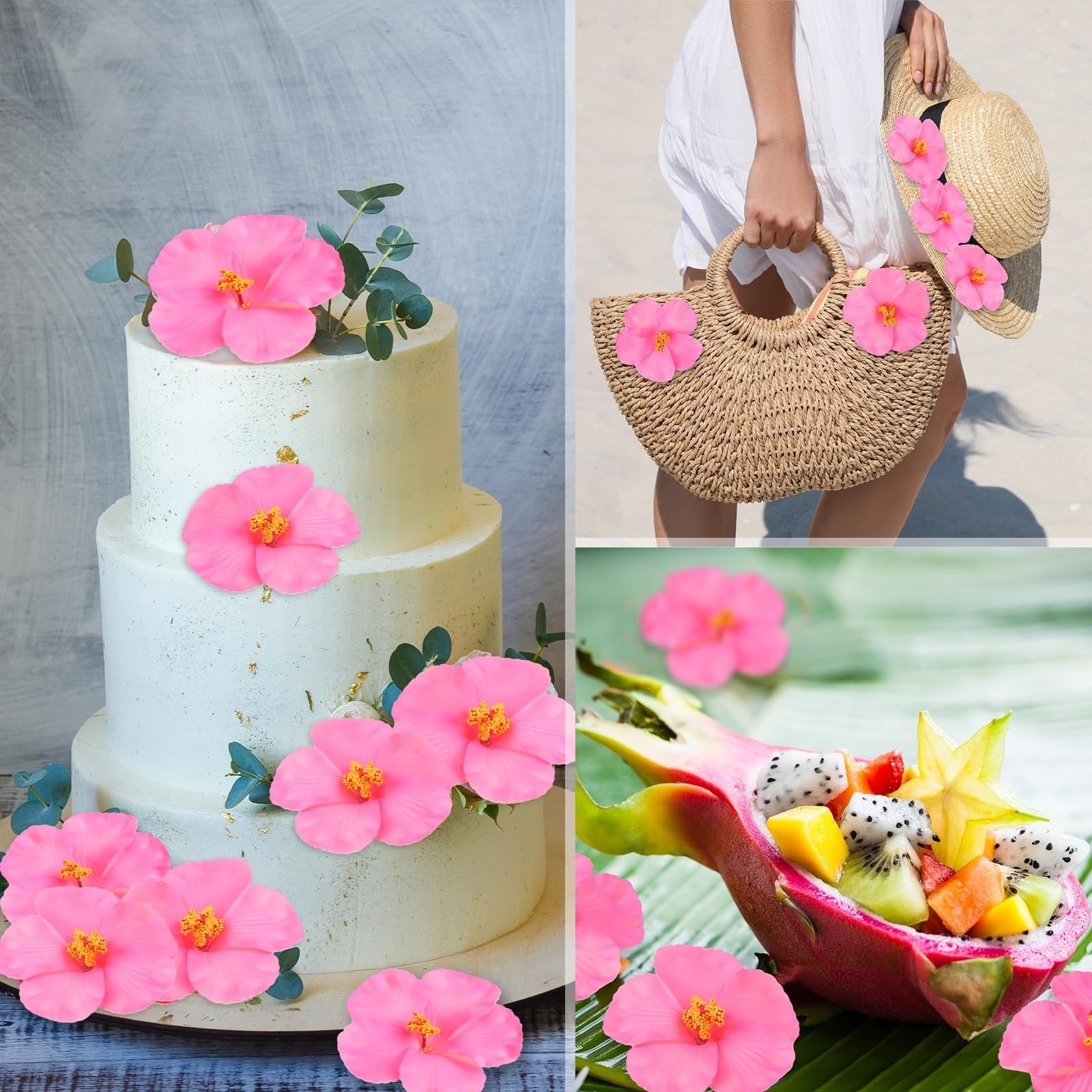 80 szt. sztucznych kwiatów hibiskusa, hawajskie sztuczne kwiaty hibiskusa na letnią imprezę luau, dekoracje DIY, rękodzieło, ciasto(Yellow)