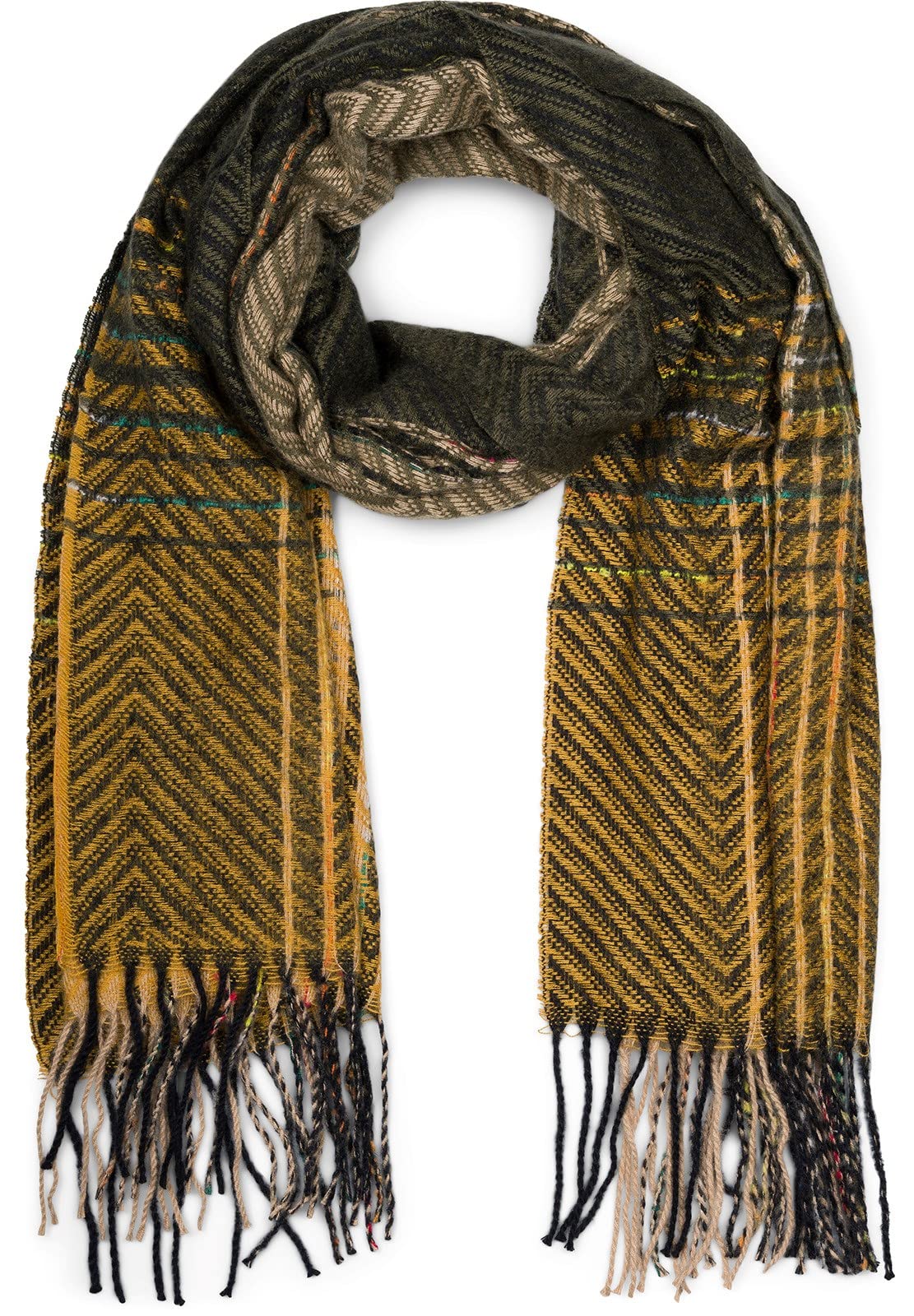 styleBREAKER Ladies Fine Knit Scarf with Multicoloured Striped Zig-Zag Pattern and Fringes, Warm Winter Stole multicoloured 01017149, Colour:Olive-Camel