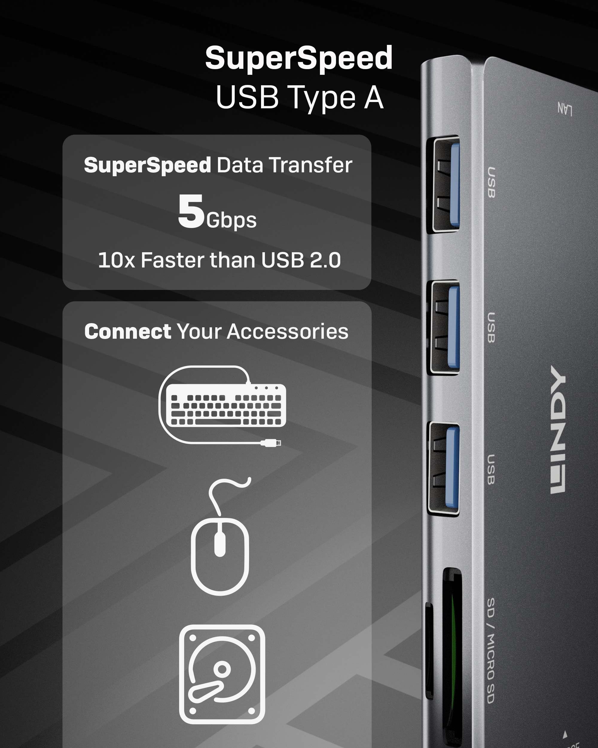 LINDY Mini Docking Station per Laptop USB C con Supporto HDMI 4K, VGA & Ricarica Pass-Through 100W