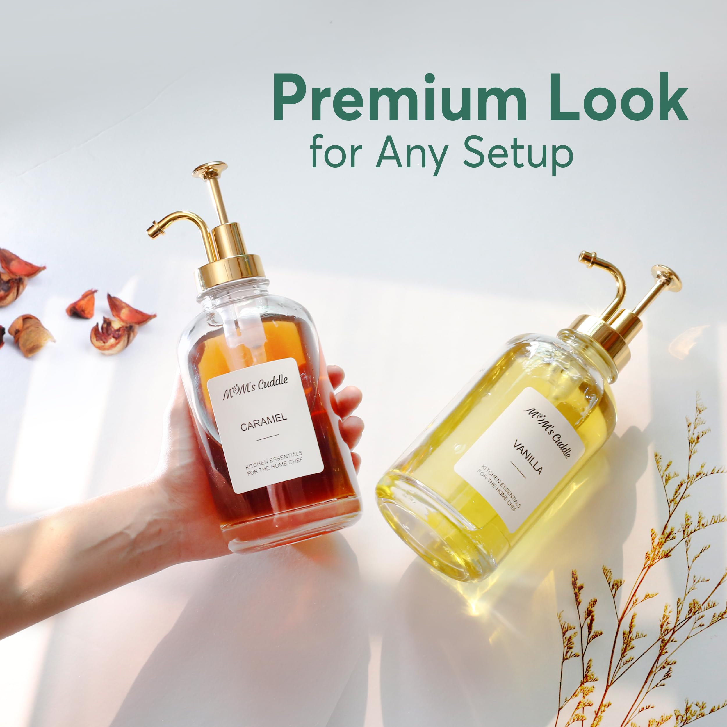 Coffee Syrup Dispenser 16.9 Oz (500ml) - Glass Syrup Dispenser for Coffee Bars with Golden Pump, 20 Labels & Silicone Funnel, Premium Quality Glass Bottles - Pack of 2