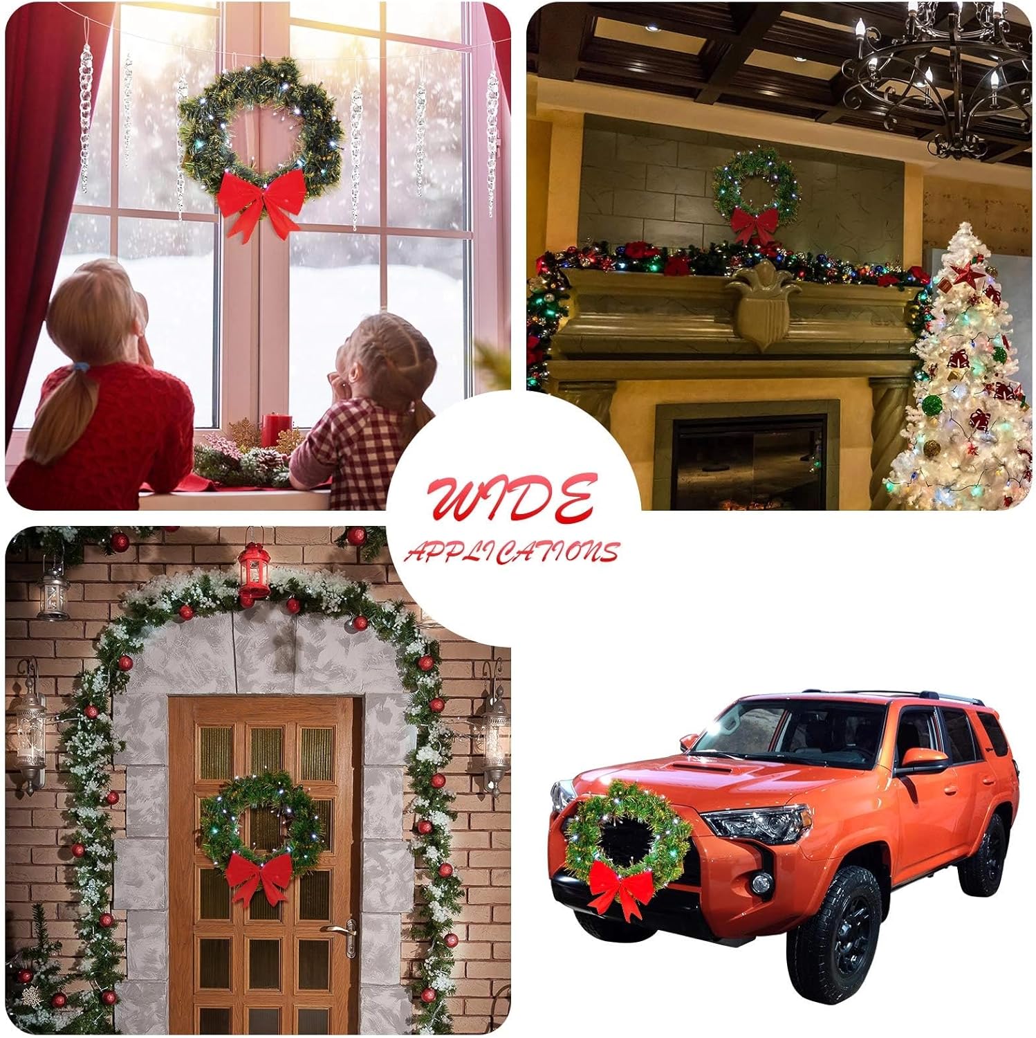 Honoson Christmas Wreath for Car, Truck or Festival Decoration LED Christmas Artificial Car Wreath and 5 Pieces 4 x 200 Black Nylon Tie(19.7 Inch,Cute)