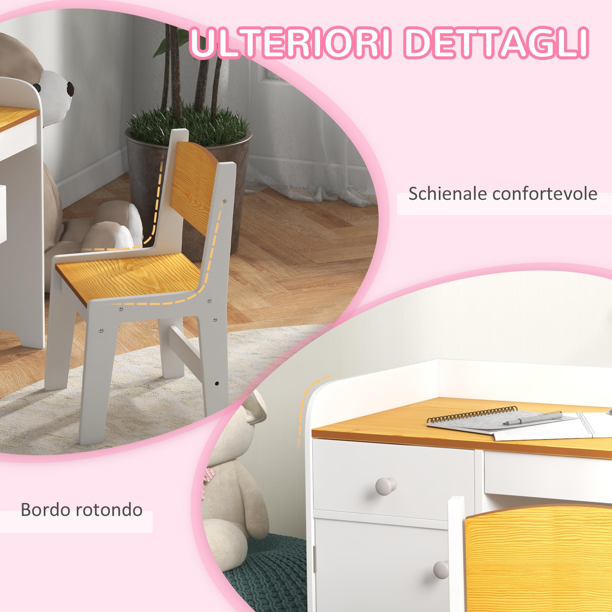 ZONEKIZ Tavolo Scrivania per Bambini con Sedia, Banco Scuola per Bambini da 3 a 6 Anni in Legno con Cassetto e Seggiola Abbinata, Bianco