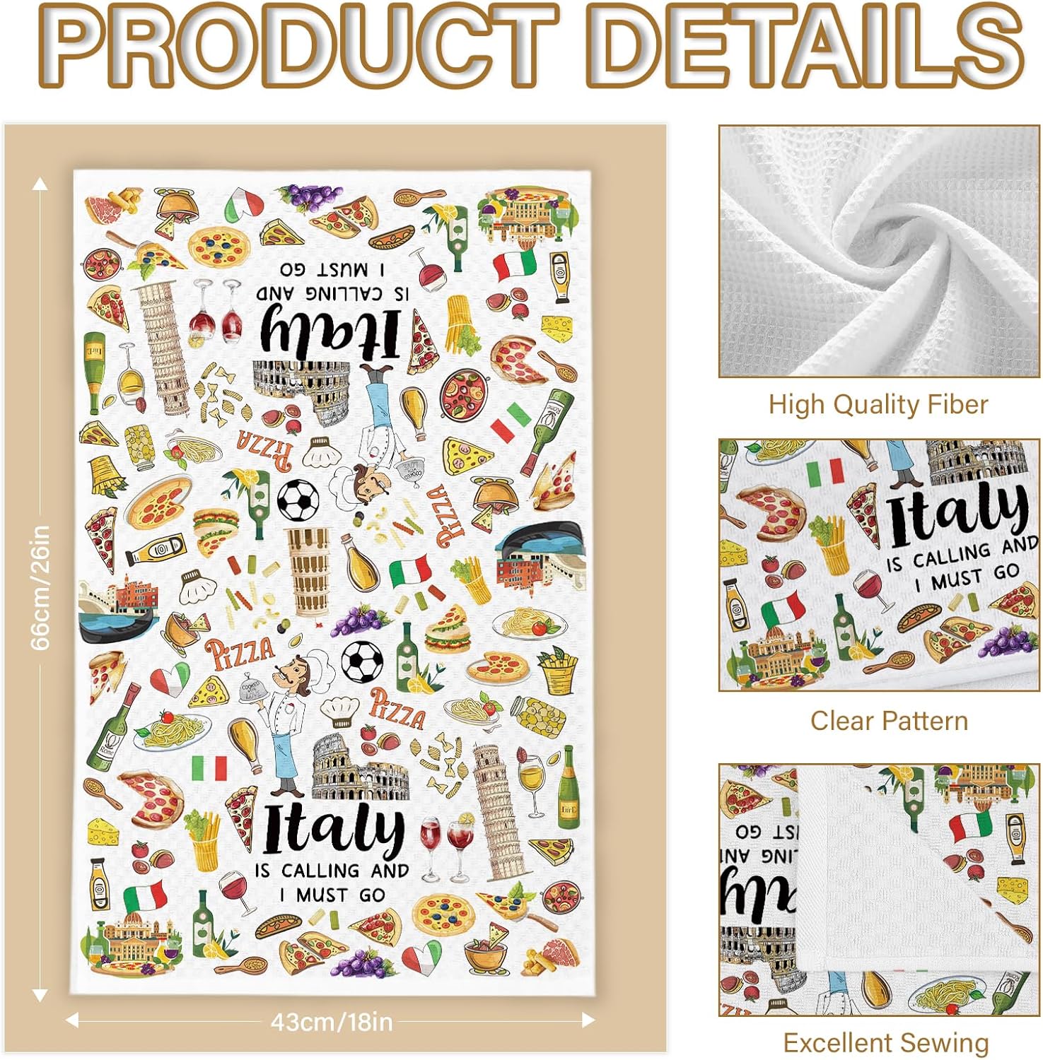Italy Towel Gifts for Women Men, Italy Travel Essentials Kitchen Towels Gifts for Travelers to Souvenirs Waffle Weave Bath Dish Hand Towels for Bathroom Kitchen 18x26 Inch - Image 2