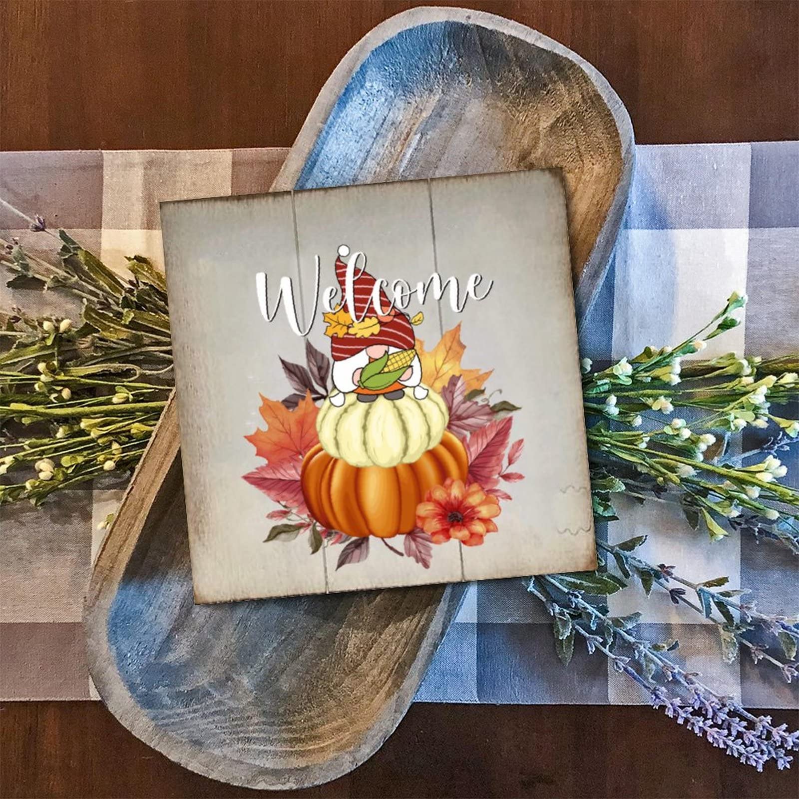 Panneau welcome fall pumpkin en bois noble, decoration murale raffinee pour maison