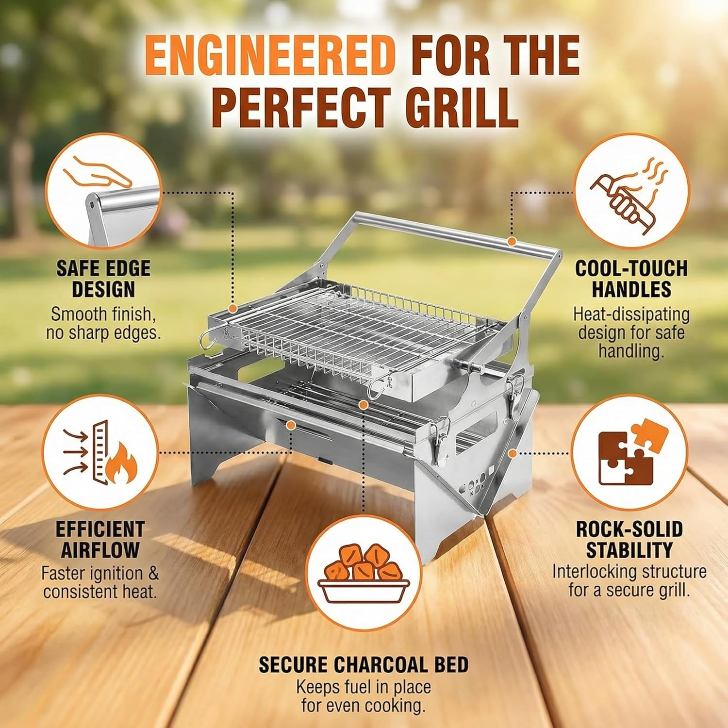 Rotating BBQ Grill, Blazefor Flip Grill 360° Rotating Barbecue Grill, Manual Push-Pull Auto Flipping Charcoal Grill, Detachable Stainless Steel Portable BBQ Grill for Outdoor Camping & Picnics