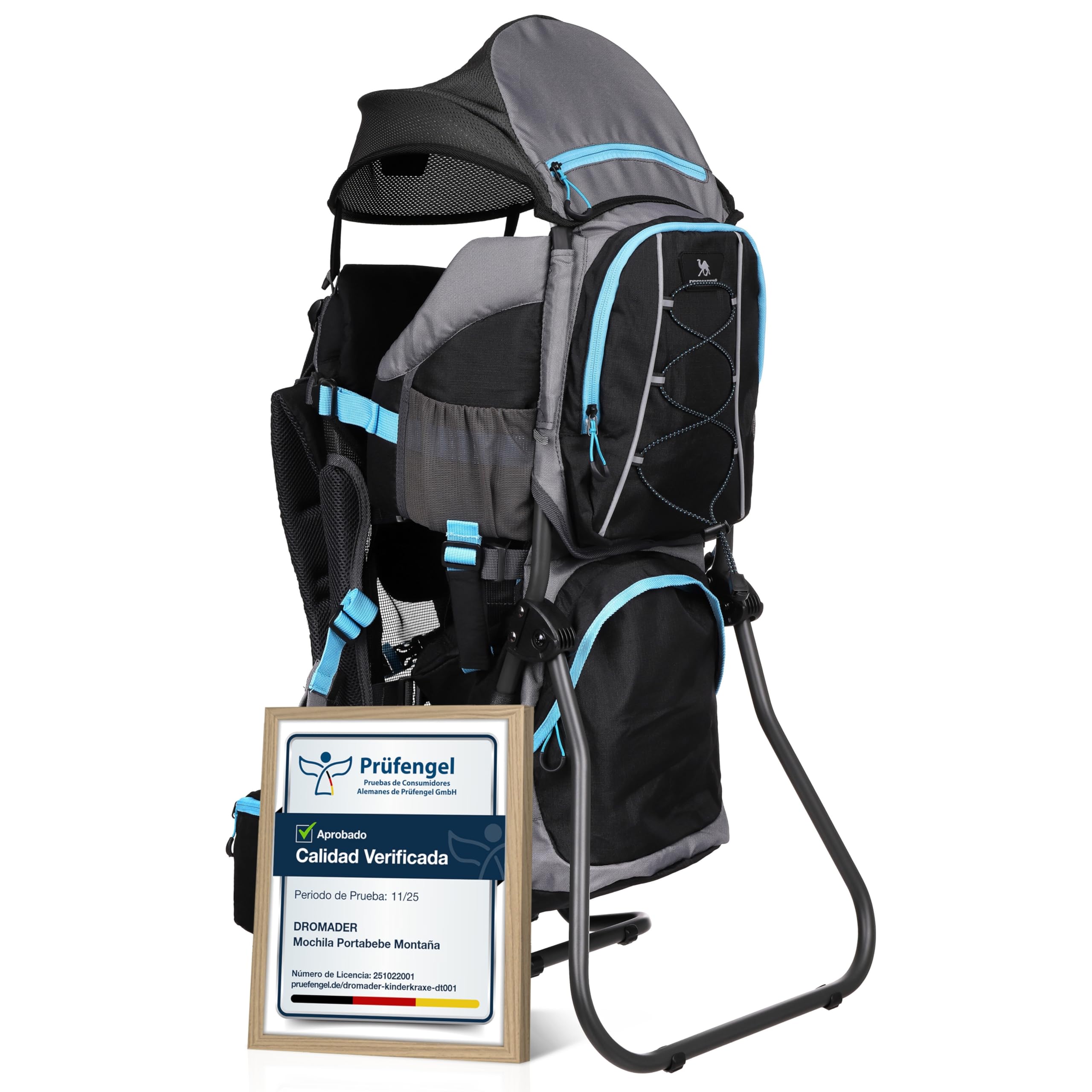 DROMADER Mochila Portabebe Montaña - Portabebes Senderismo hasta 22kg con Protector Solar, Protector de Lluvia, Bolsillo Térmico y Cambiador - Estructura Plegable con Una Mano - Negro y Azul