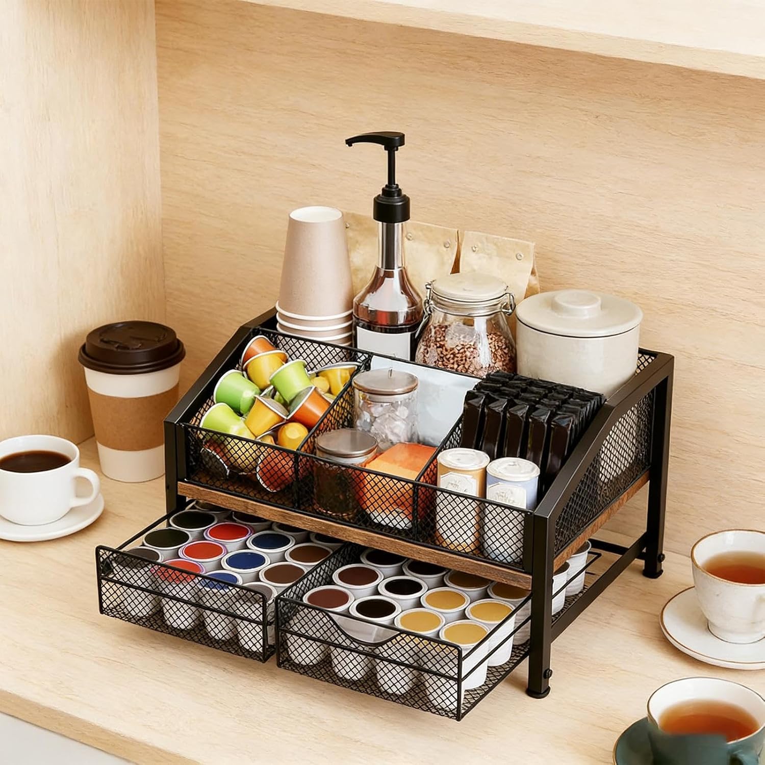 Coffee Pod Rack, 3 Tier Display Shelf, 37x30x28cm, Coffee Bar Organizer, Cup Holder Storage Basket, Adjustable Shelving Solution, For Countertop, Cabinet, Kitchen