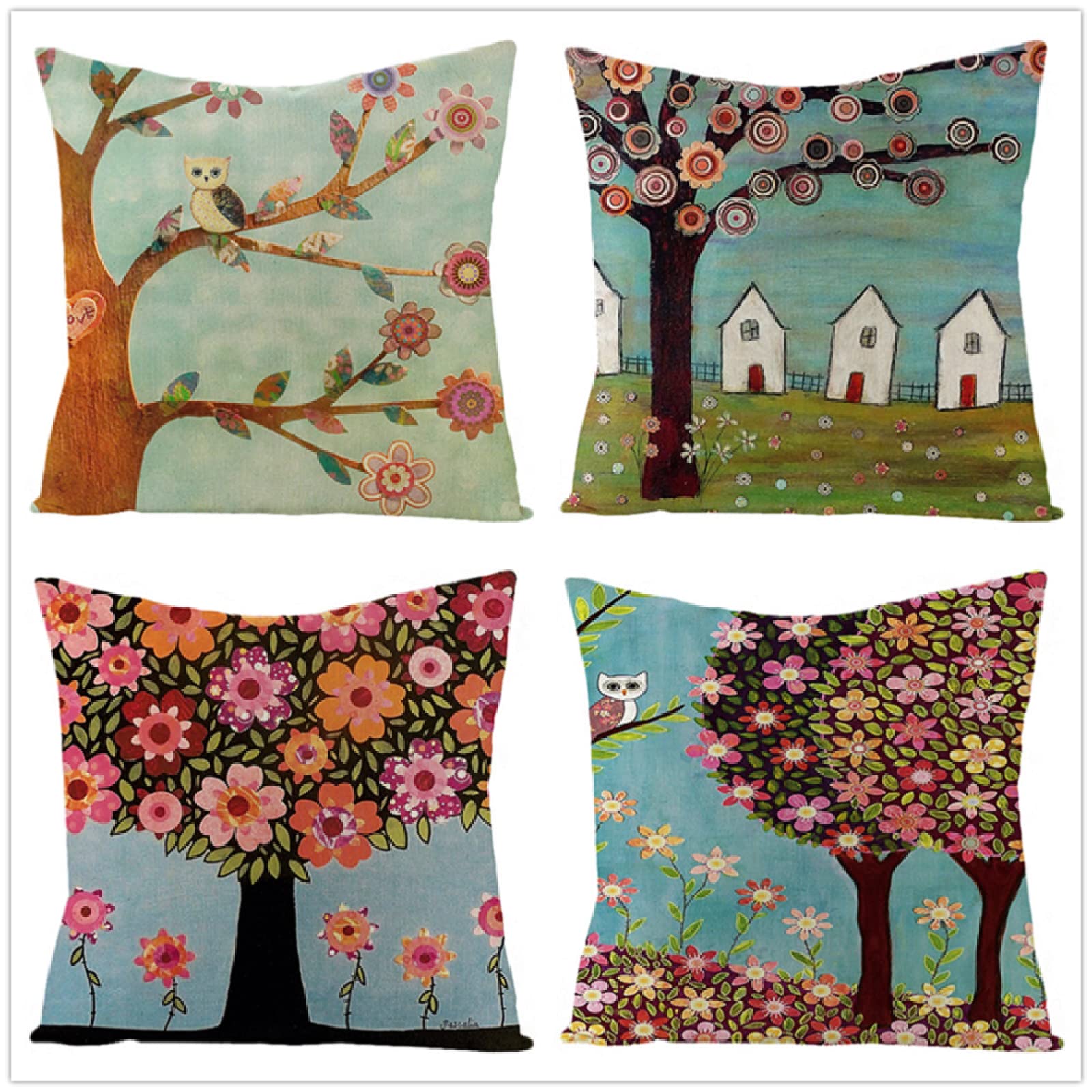 4 Stück Weihnachten Kissenbezug,Polyester Baumwolle Leinen Kissenhülle Dekokissen Kissenhüllen Set,Modern Vier Jahreszeiten Kissen Fall Mit Unsichtbaren Reißverschluss Vogel Pflanze,40x40cm