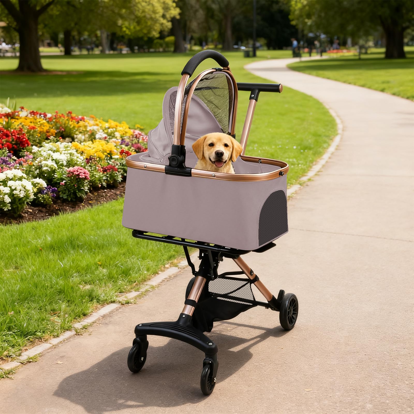 Poussette 3-en-1 Pliable pour Chien et Chat, avec Panier de Rangement, Rose | Avec Panier Détachable et Sac de Transport | 4 Roues 360° avec Laisse de Sécurité | Charge jusqu‘à 20 kg | 92x56x33cm