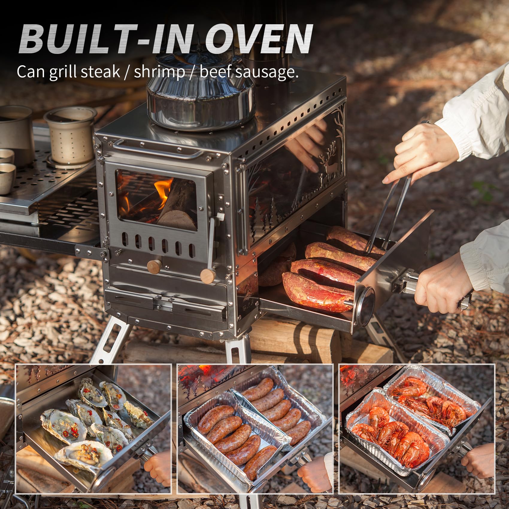 Estufa de leña, estufa de leña, estufa de tienda de campaña caliente, estufa de campamento portátil de acero inoxidable con horno y mesa de campamento y 6 tubos de chimenea para exteriores, camping 4