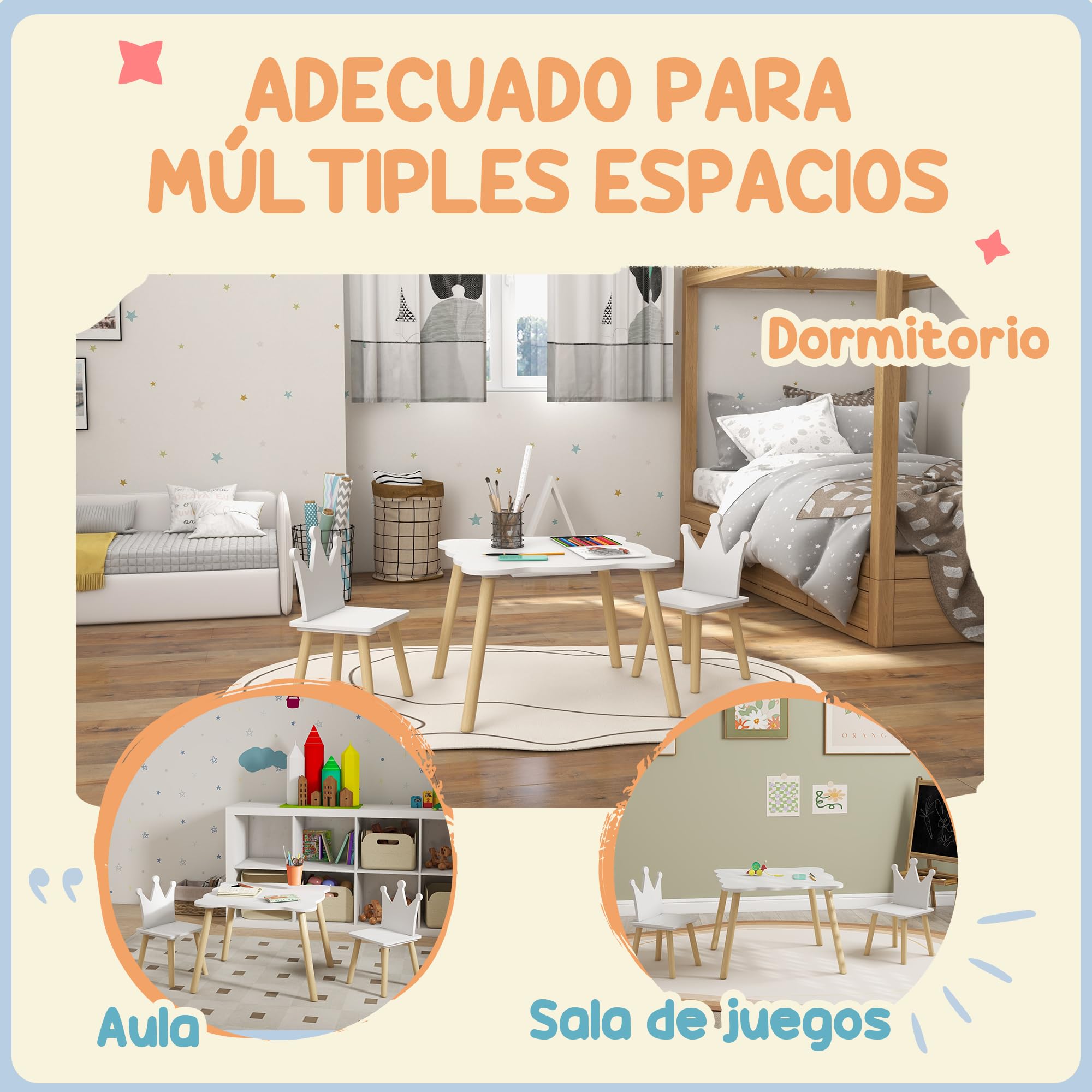 AIYAPLAY Mesa y Sillas Infantiles de 3 Piezas Mesa Infantil con 2 Sillas con Respaldo en Forma de Corona para Niños de 3-6 Años para Sala de Juegos Dormitorio Guardería Blanco