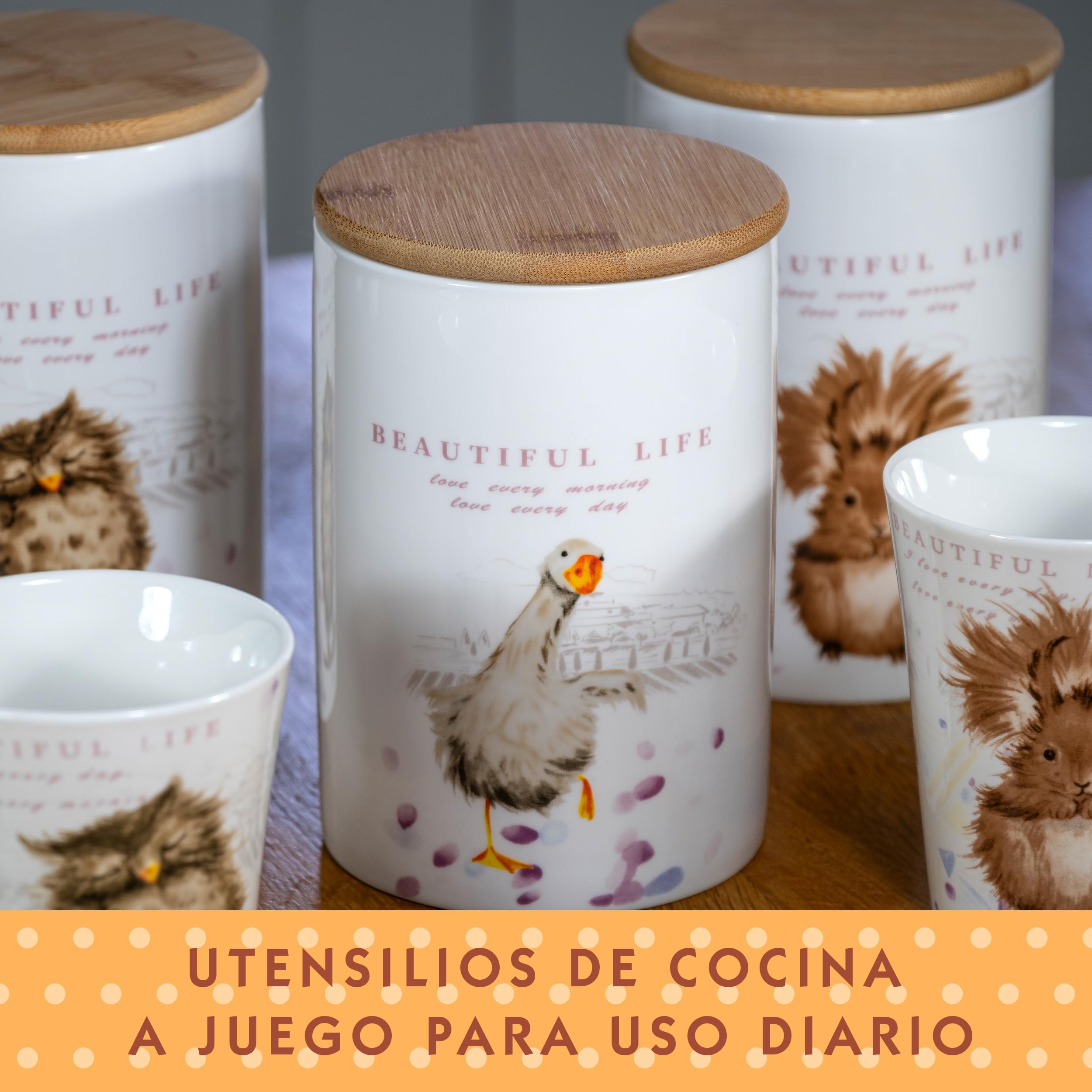 SPOTTED DOG GIFT COMPANY Juego de 3 Botes Cocina Almacenaje de Cerámica con Estampado de Ardilla Búho Ganso, Recipientes Herméticos para Alimentos con Tapa, Regalo para Amantes Animales