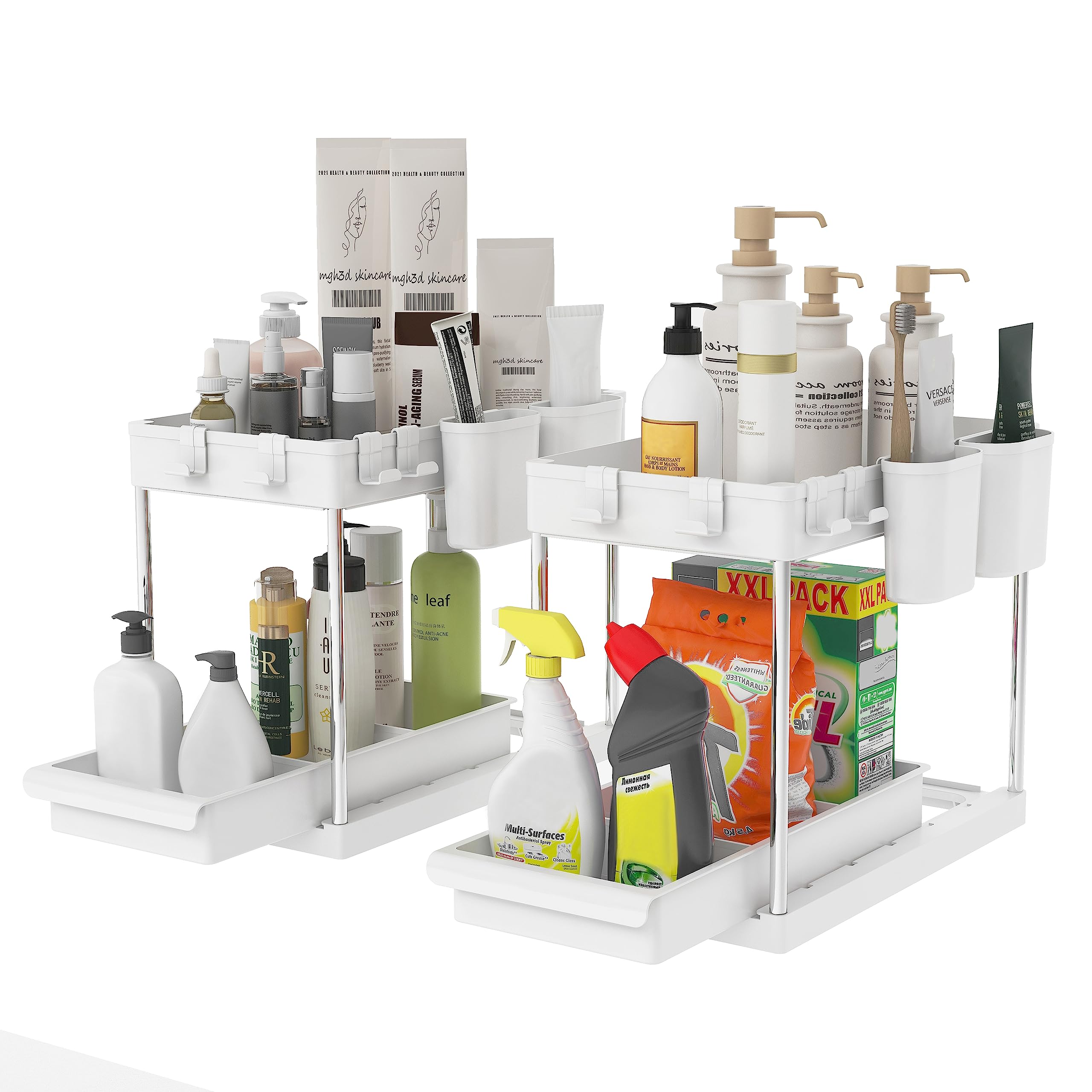 Meerveil Under Sink Storage, 2 Tier Organizer Rack with 4 Hooks and 2 Hanging Cups, for Office Kitchen Bathroom, W22 x D40.7 x H32.5cm, 2 PCs, White