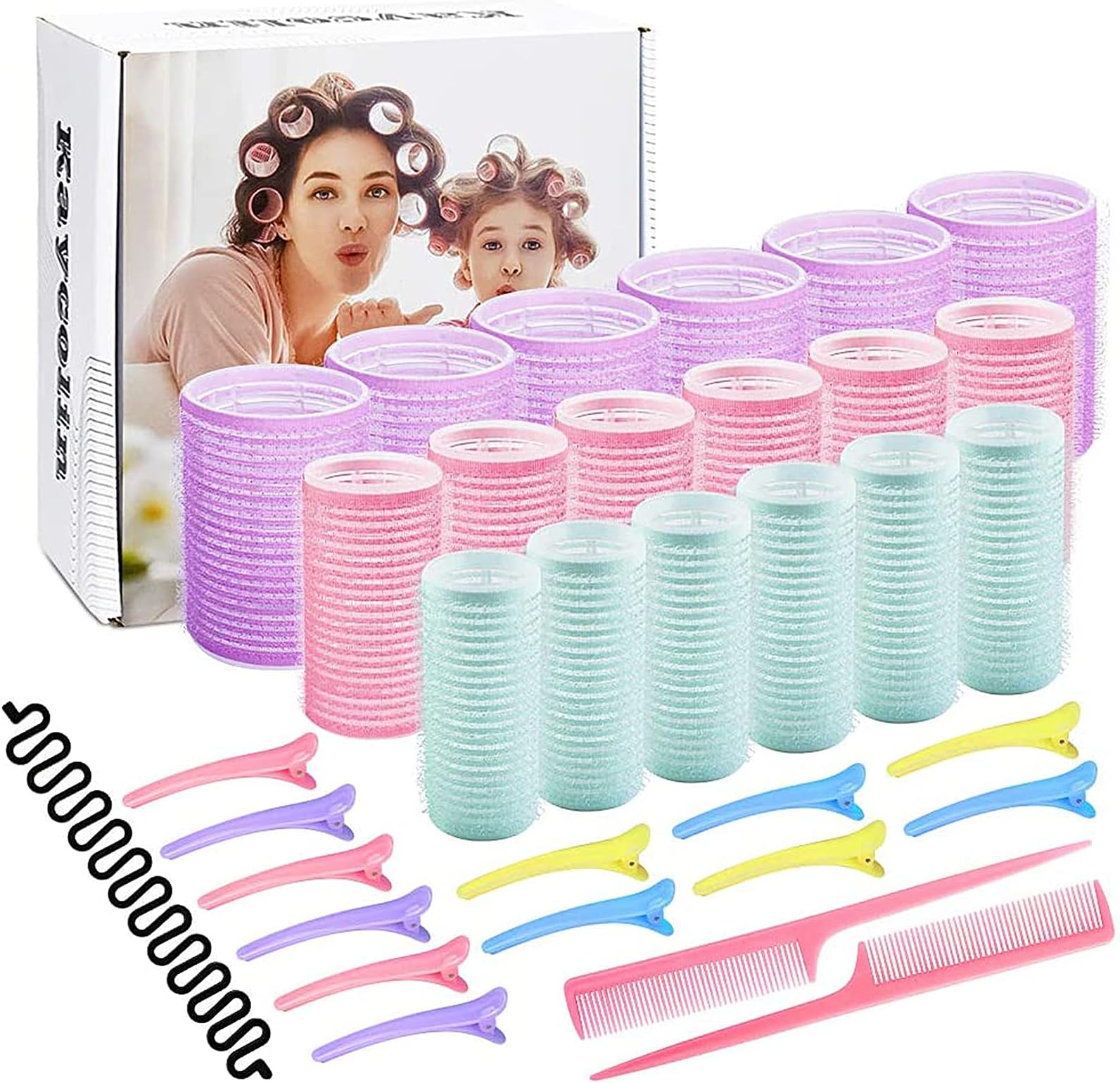 Rollers Hair Curlers Set - 33 Pcs Self Grip Curling Rollers for Long, Fine, Thin and Black Hair Types (25 mm, 30 mm, 44 mm Sizes), Hair Styling Tools