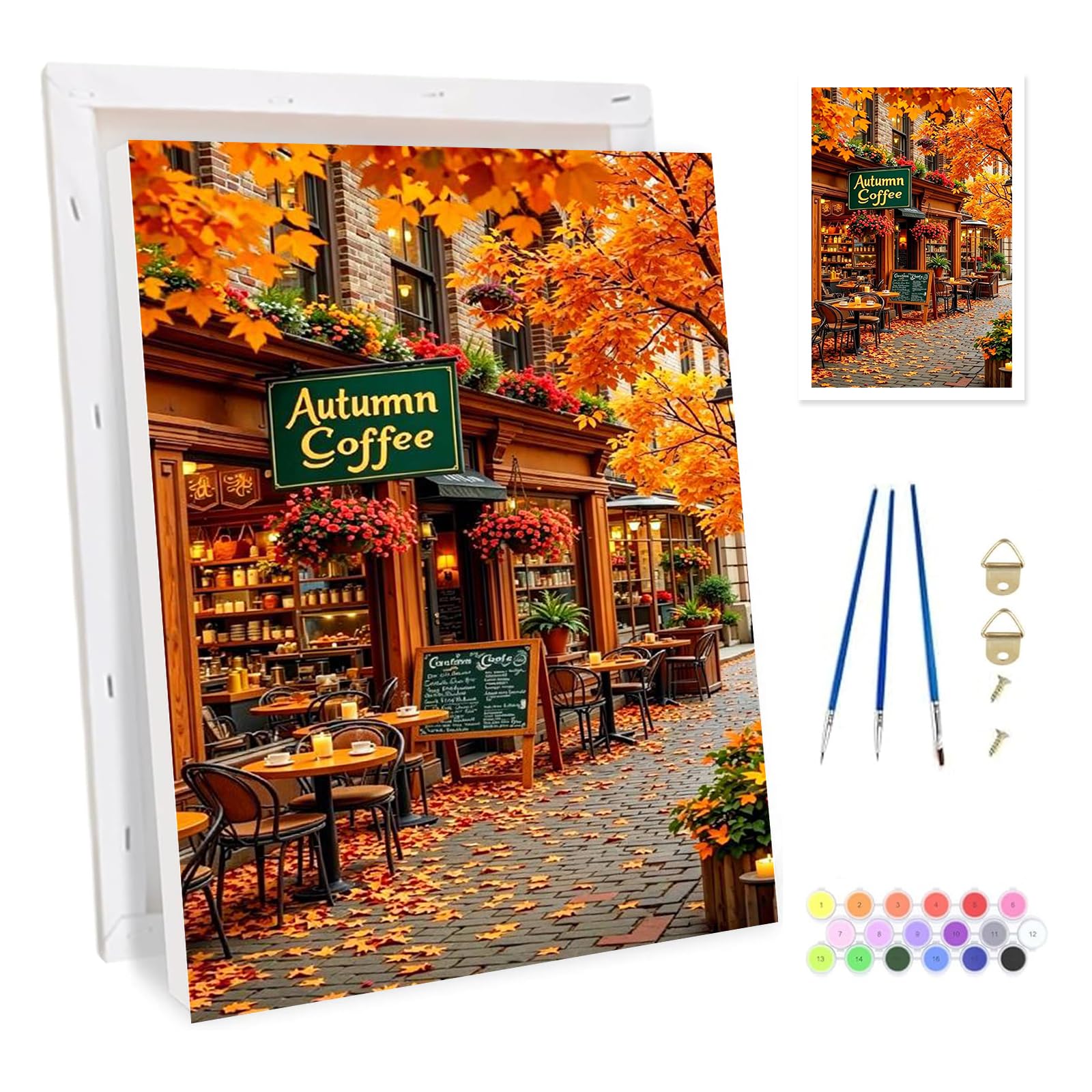 Bowetile Framed Landscape Paint by Numbers for Adults Canvas, Cafe Painting by Numbers Kit for Beginners Canvas, DIY Color Oil Painting Acrylic Paints for Home Wall Decor20x30cm