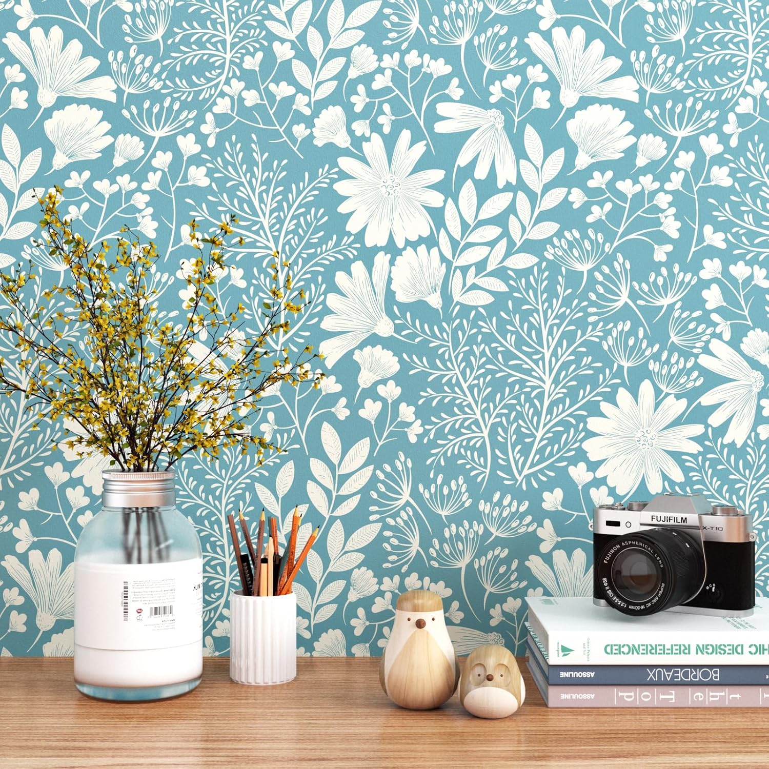 Boho Peel and Stick Wallpaper Blue Floral White Daisy Leaf Contact Paper Waterproof Light Blue Removable Wallpaper Contact Paper for Cabinets 17.5"X118" Adhesive Vinyl Countertops