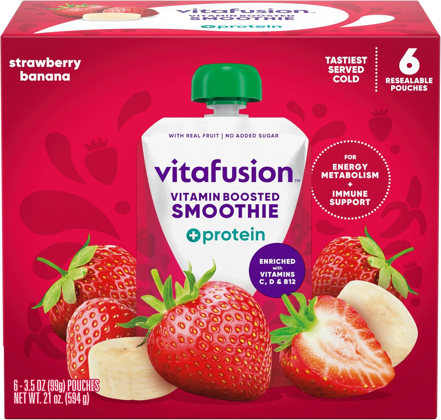 vitafusion Vitamin-Boosted Smoothie +Protein for Energy Metabolism and Immune Support, Strawberry Banana Flavor Excellent Source of Vitamins C, D, and B12, 3.5oz, 6 Count
