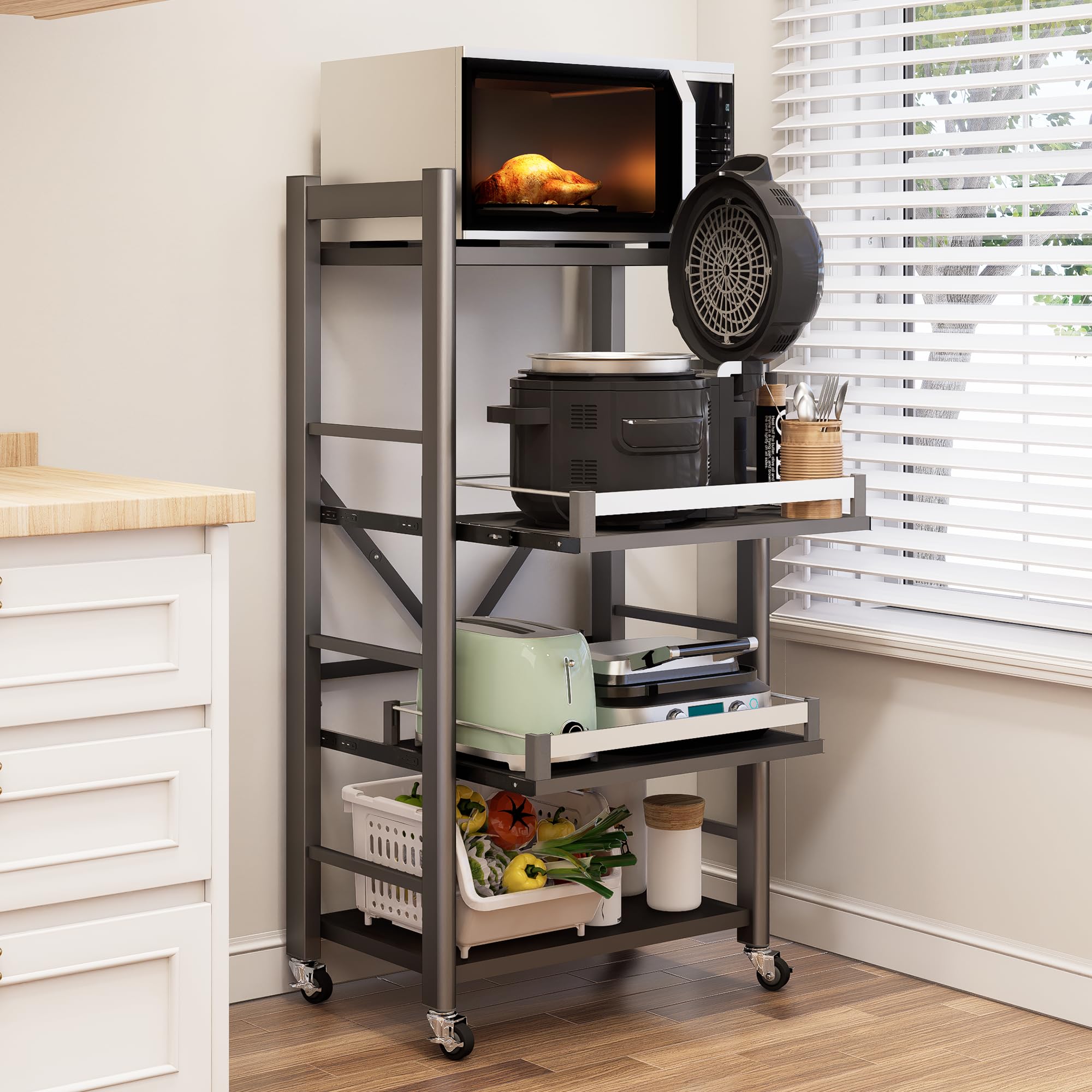 4-Etagen Küchenregal stehend, 2 ausziehbare Ablagen, Mikrowellenregal | 2 Schubladen mit verstellbaren Positionen, Für Airfryer und Küchengeräte, 4 Rollen, Freistehend, Platzsparend,60cmx125cm