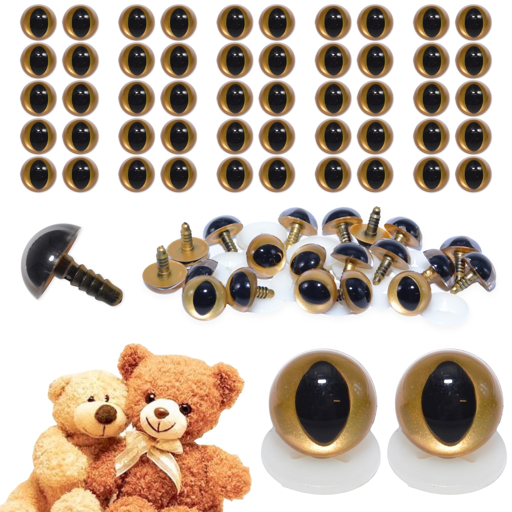 celloexpress 18mm Gold Cats Eyes with Plastic Backs - Safety Eyes for Soft Toy Teddy Bear Animal Making (Pack of 25 Pairs)