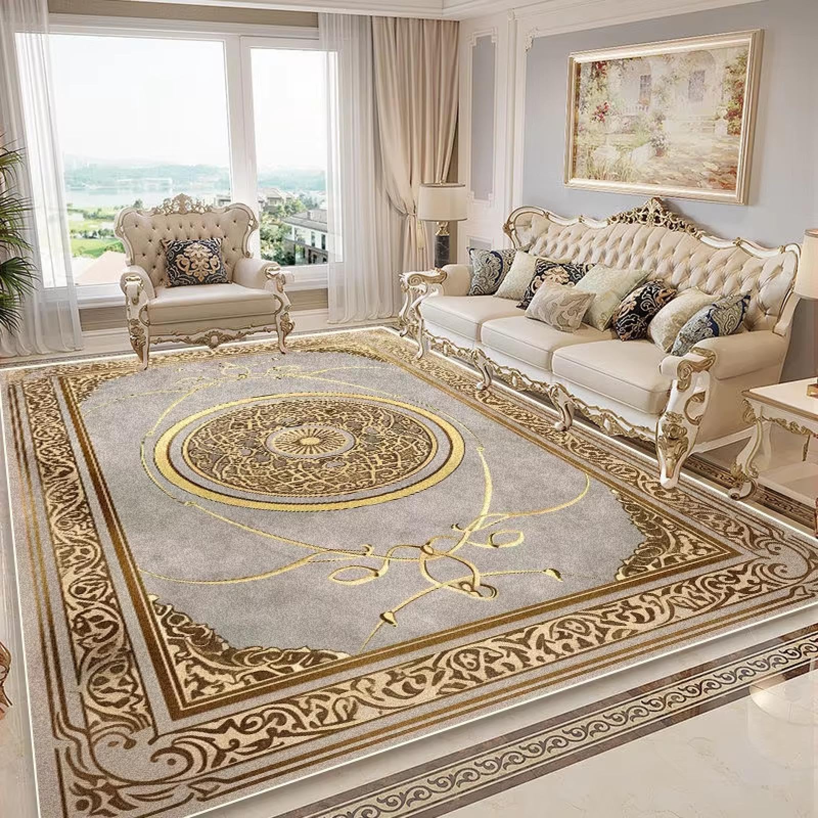 Tapis marbre européen de luxe avec bordure dorée pour intérieur chic