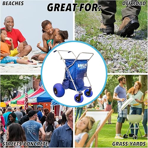 Miniatura 5 de RollX Carrito de playa con 4 ruedas de globo para arena, carro de almacenamiento plegable con neumáticos traseros de playa de 13 pulgadas,