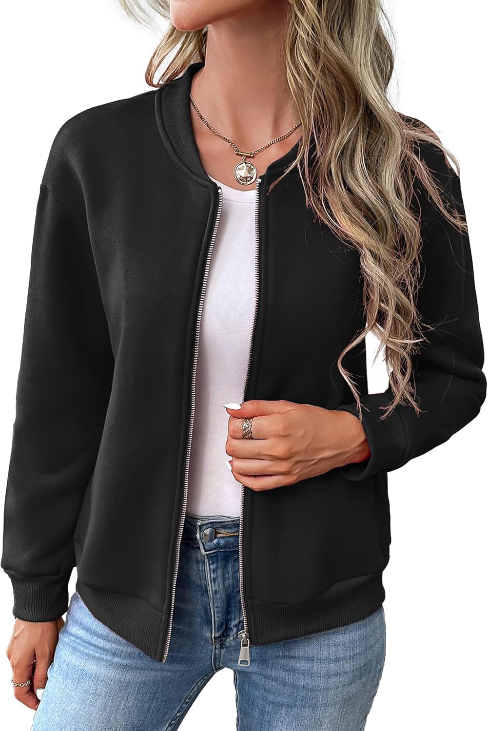 Women's Zip Up Sweatshirts Jackets Long Sleeve Bomber Jacket Casual Outwear with Pocket