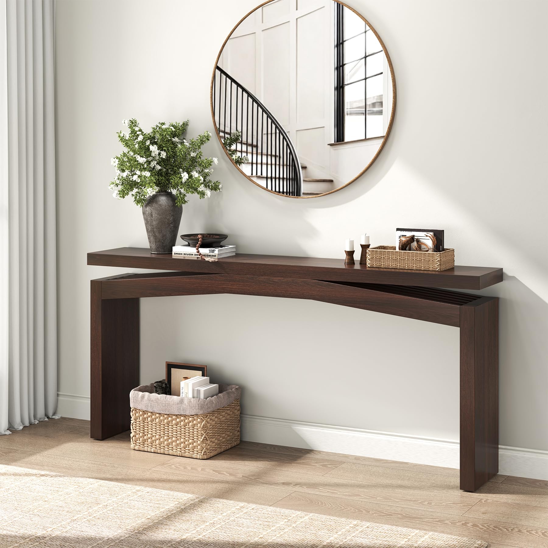 Modern Dark Brown Console Table for Living Room Farmhouse Entrance Table Behind Couch 63 Vintage Wooden Entry Way