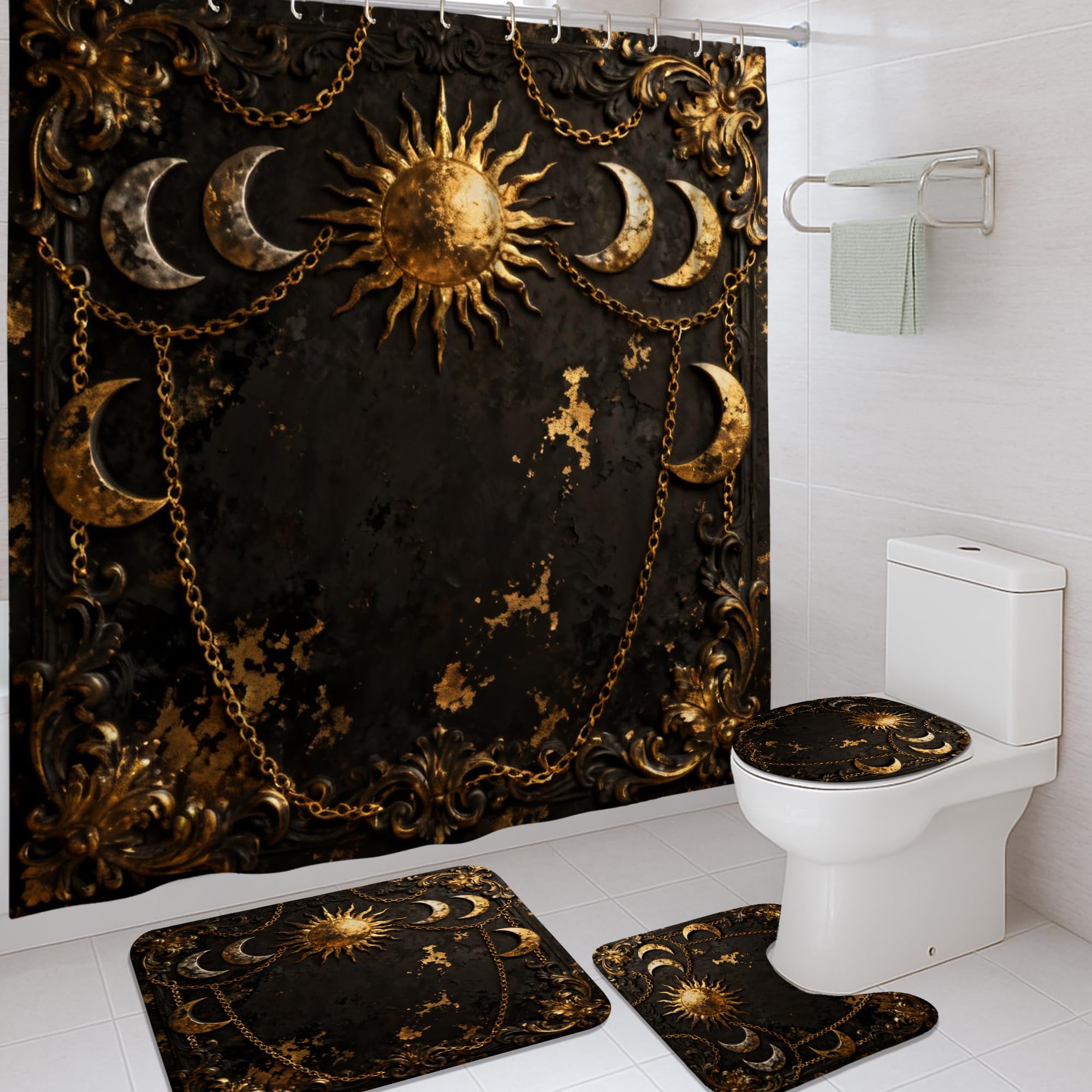 Rideau de douche grand format 183x183 cm motif soleil lune gothique vintage pour baignoire