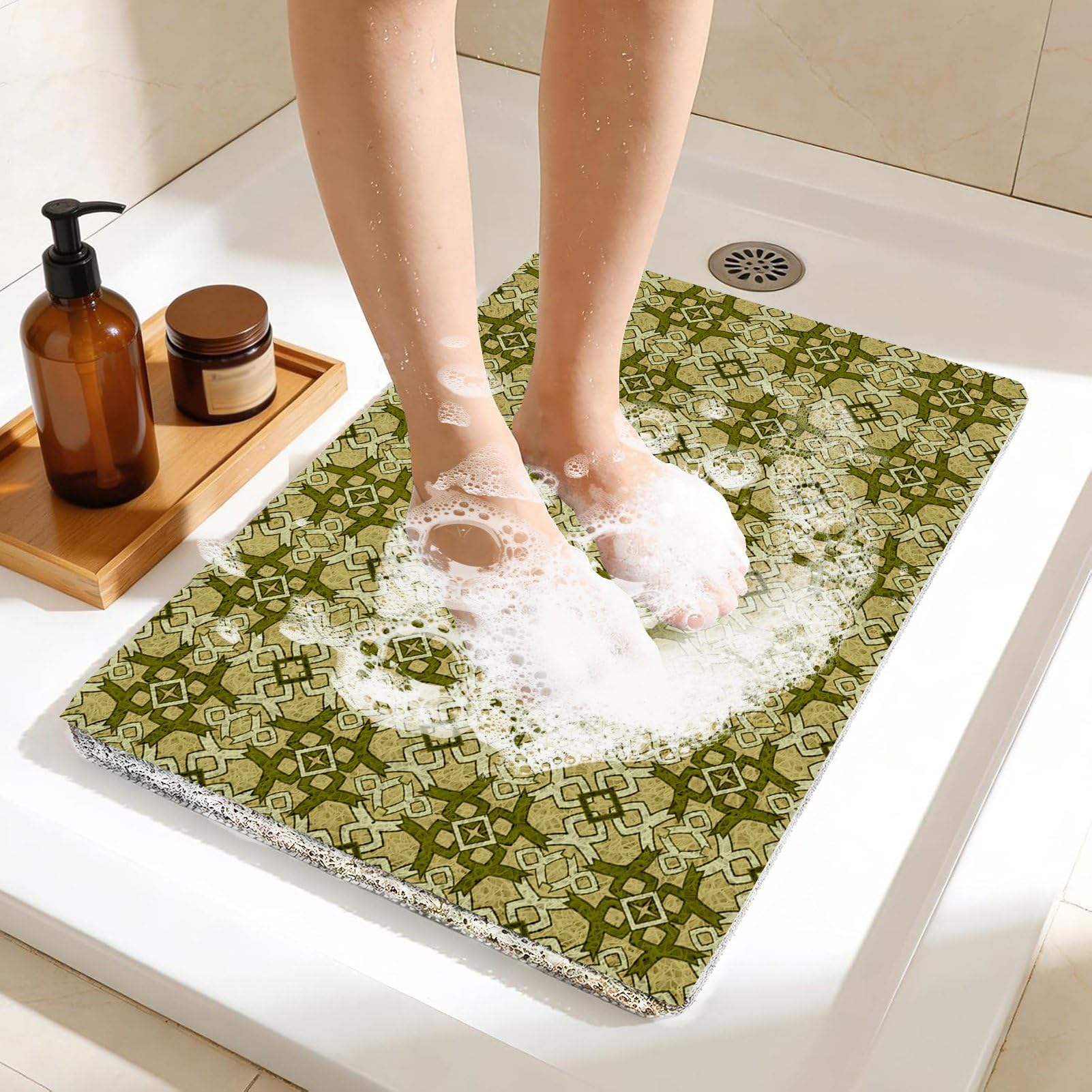 Alfombrilla de ducha antideslizante para ducha, 50 x 80 cm: suave y cómoda, de PVC, antideslizante, de secado rápido, color caqui