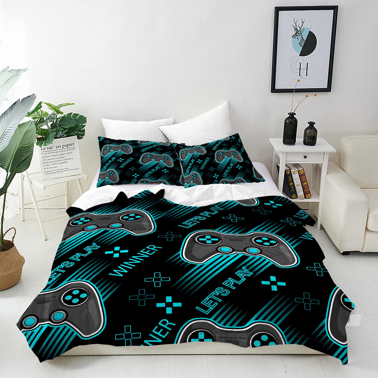 ANHOPE Gamer Duvet Cover Set Soft Lightweight 3Pcs Bedding Set with 2 Pillowcase Joystick Game Gamepad Controller Print Pattern Kids Boys Girls Teens Gaming Quilt Cover with Zipper Closure Double Size โ image 1